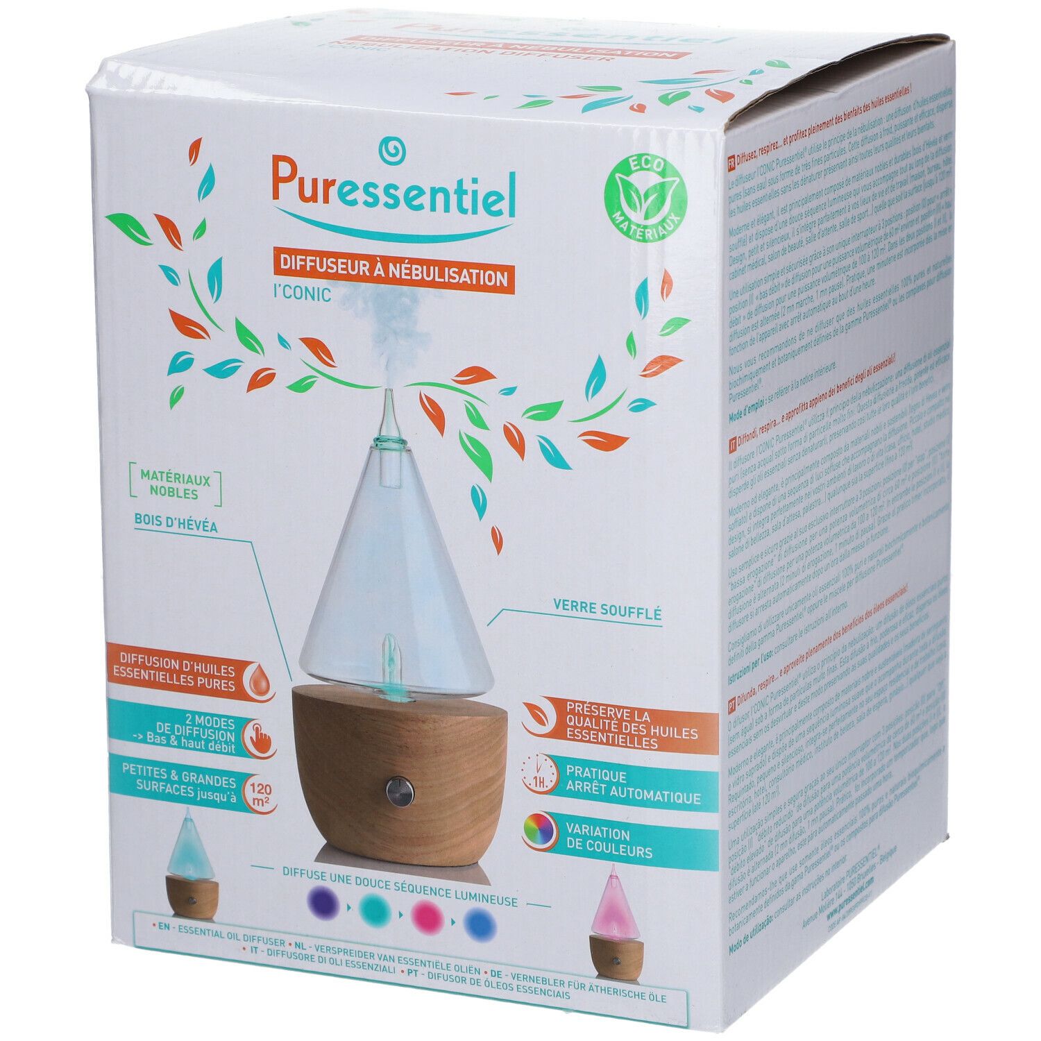Boîte du diffuseur I'CONIC. Base en bois, cône en verre, lumières colorées. Texte: Nebulization Diffuser, Puressentiel.