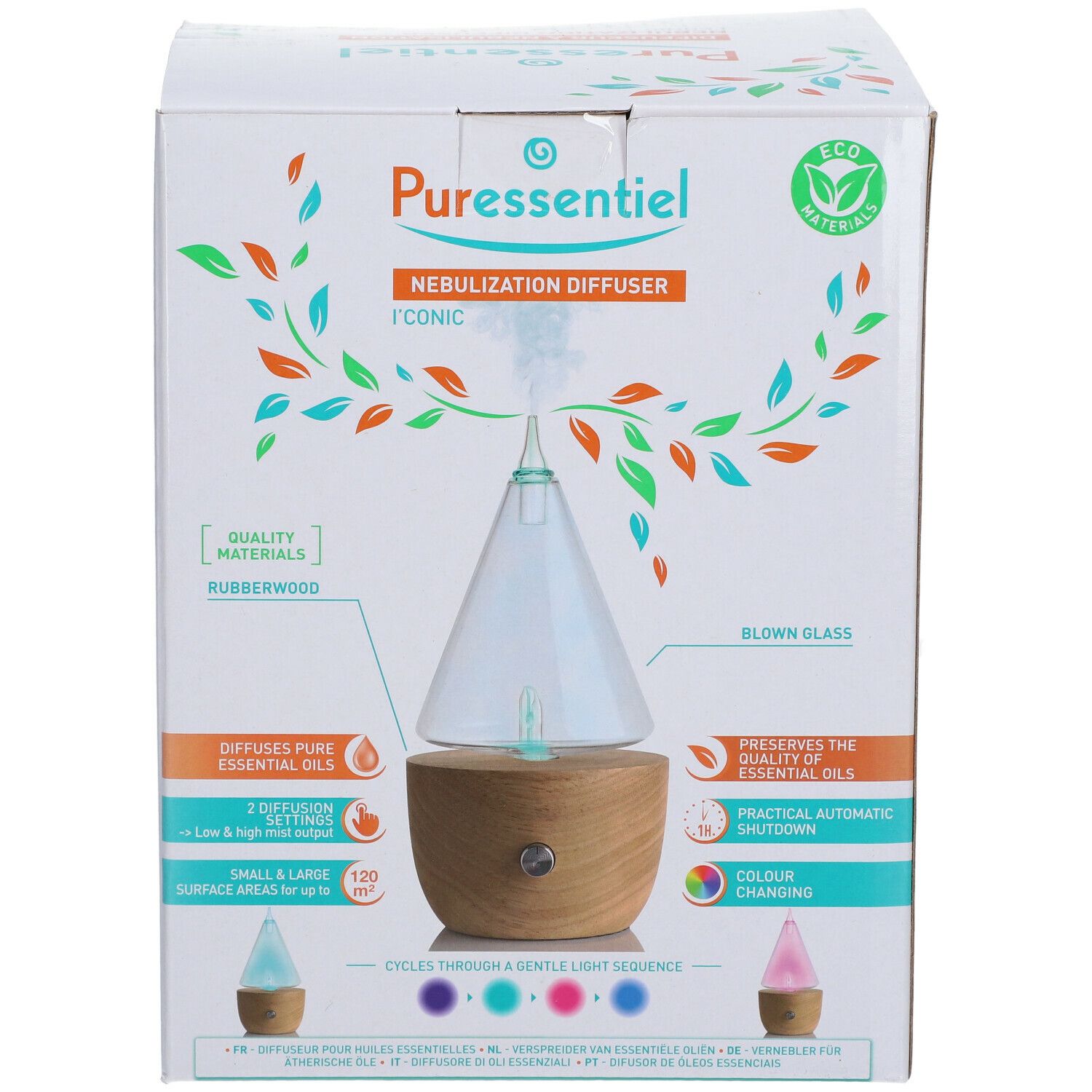 Boîte du diffuseur I'CONIC. Base en bois, cône en verre, lumières colorées. Texte: Nebulization Diffuser, Puressentiel.