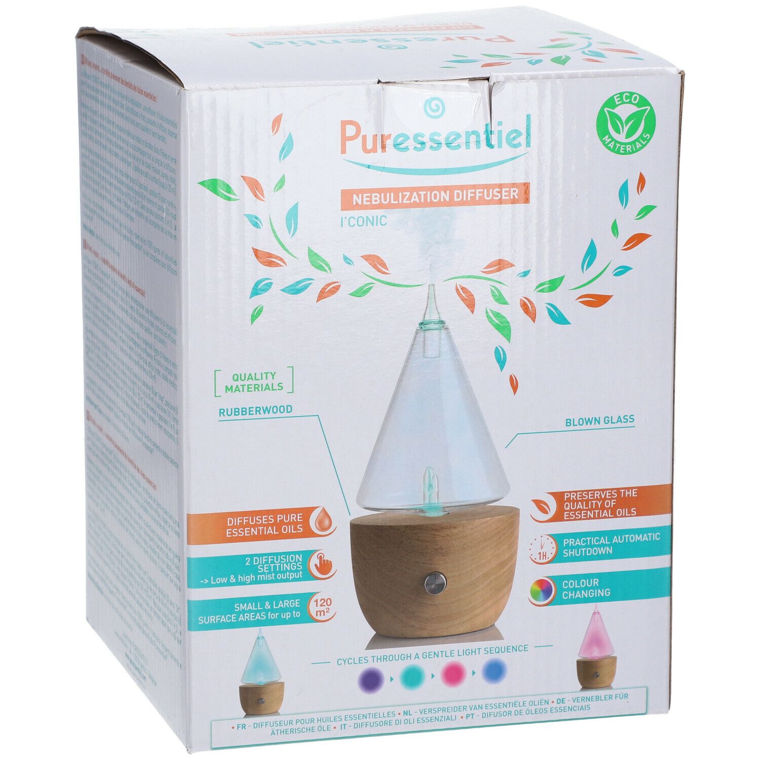 Boîte du diffuseur I'CONIC. Base en bois, cône en verre, lumières colorées. Texte: Nebulization Diffuser, Puressentiel.