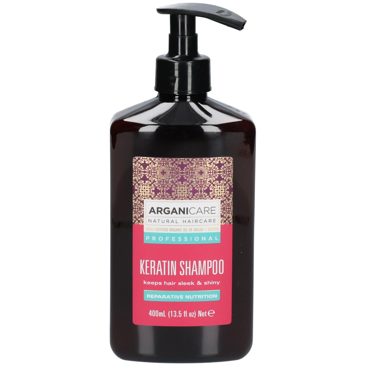 Bouteille de shampooing Arganicare Kératine avec pompe, 400ml. Nutrition réparatrice pour des cheveux brillants.