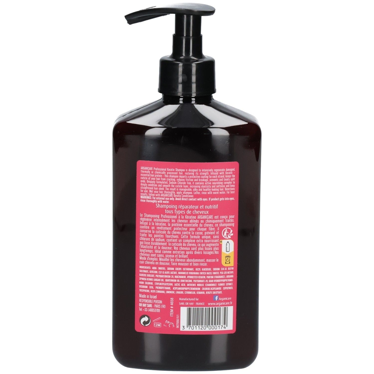 Arrière de la bouteille de shampooing Arganicare Kératine avec pompe, 400ml. Contient les ingrédients et les instructions.