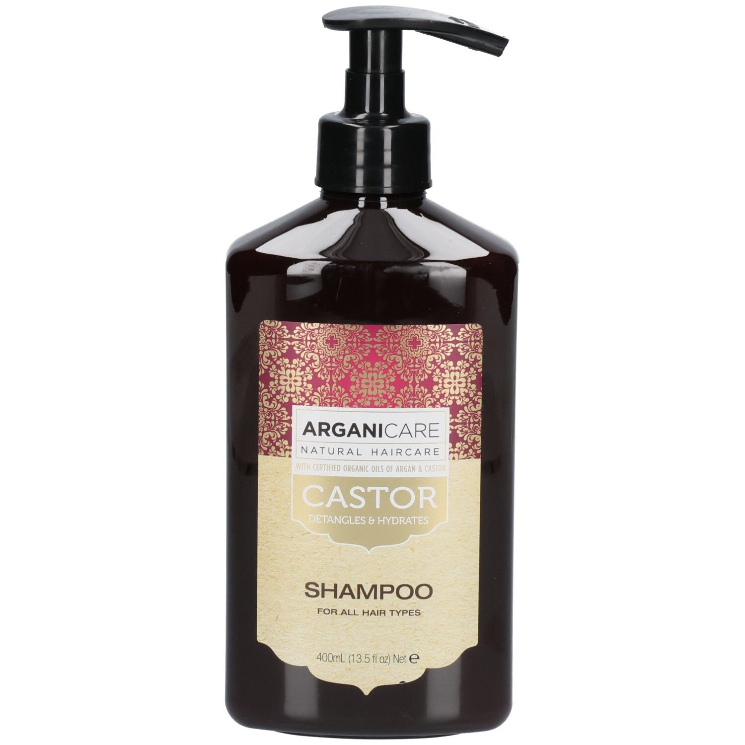 Bouteille de shampoing Arganicare à l'huile de ricin avec distributeur à pompe. Étiquette or et rouge avec informations produit.