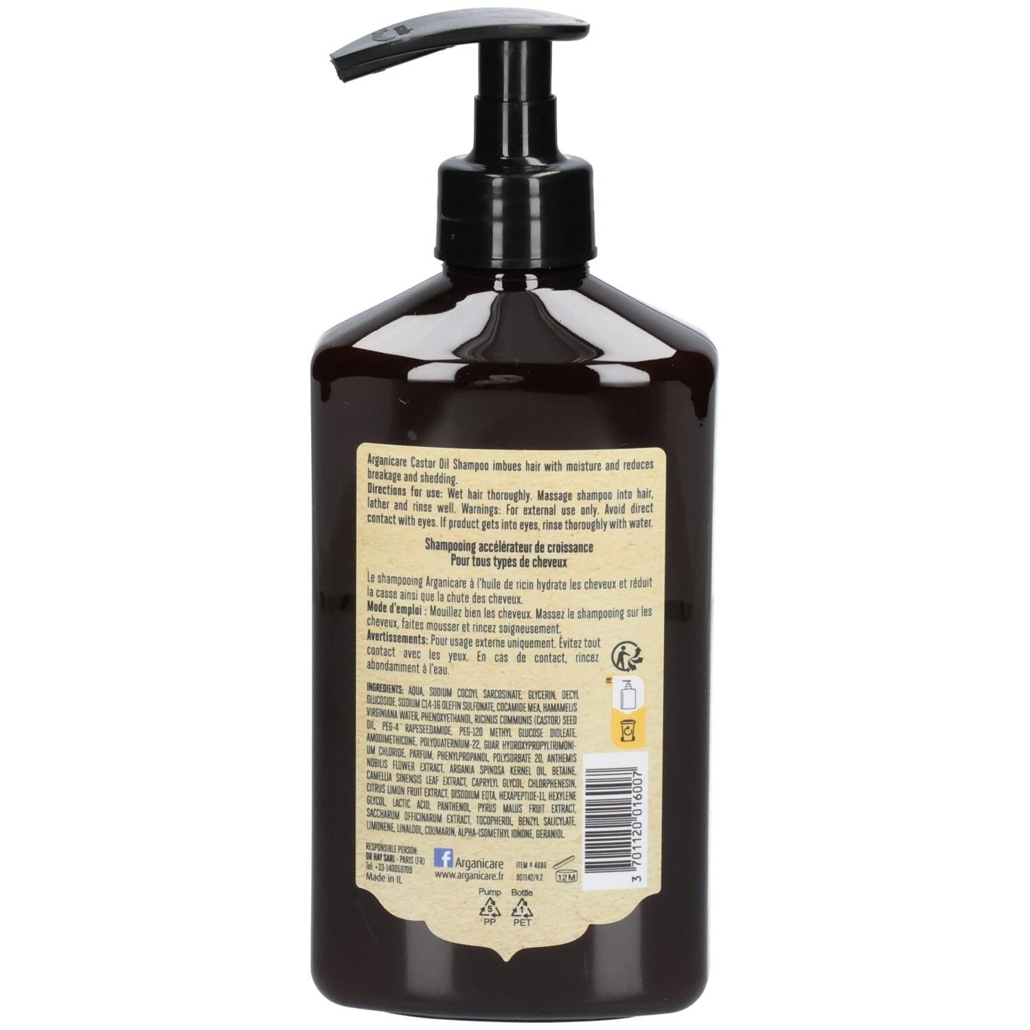 Arrière de la bouteille de shampoing Arganicare à l'huile de ricin avec instructions d'utilisation et ingrédients.