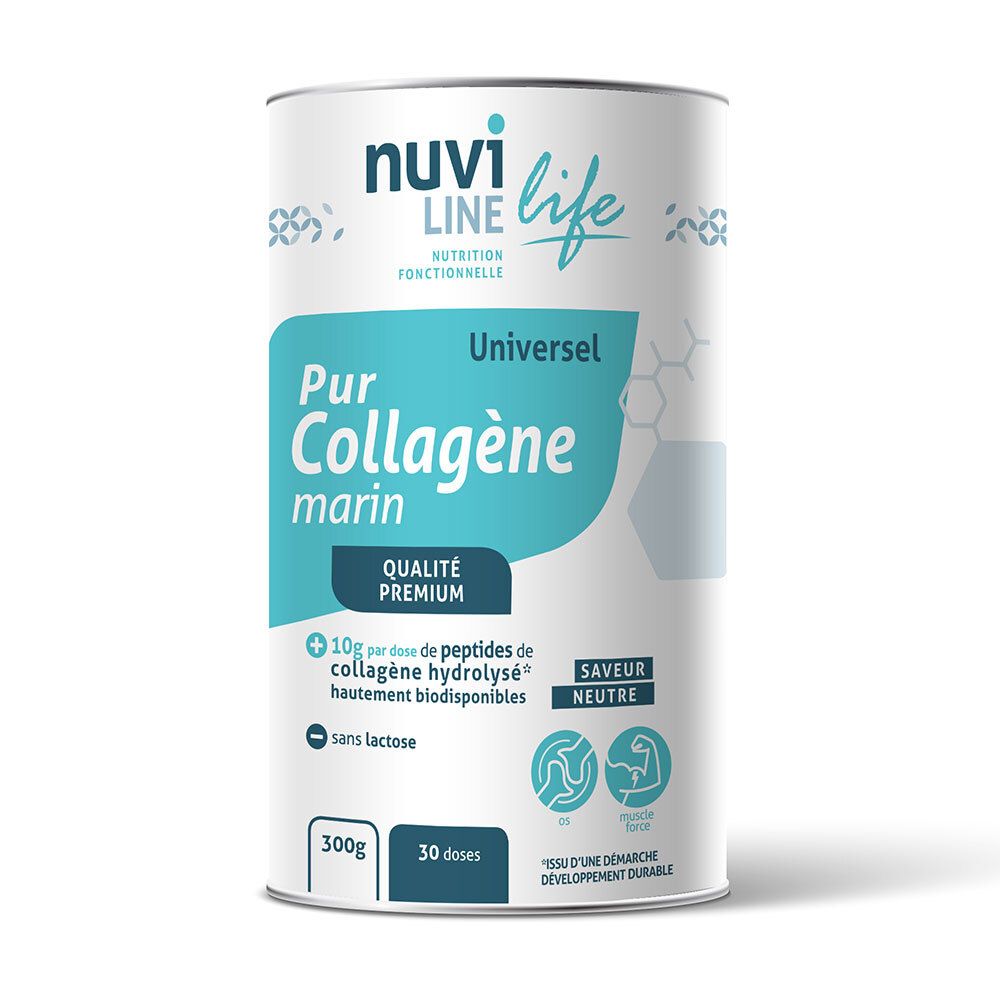 Boîte cylindrique "Pur Collagène marin". Texte: "Qualité Premium", "300g", "30 doses", "sans lactose".