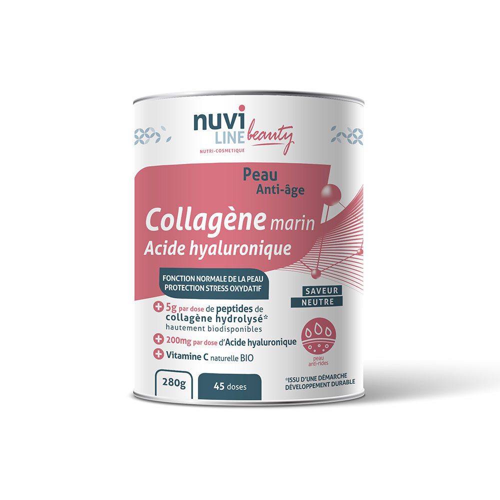 Boîte nuviLINE beauty Collagène marin & Acide hyaluronique. Boîte rose avec nom et ingrédients. Goût neutre.