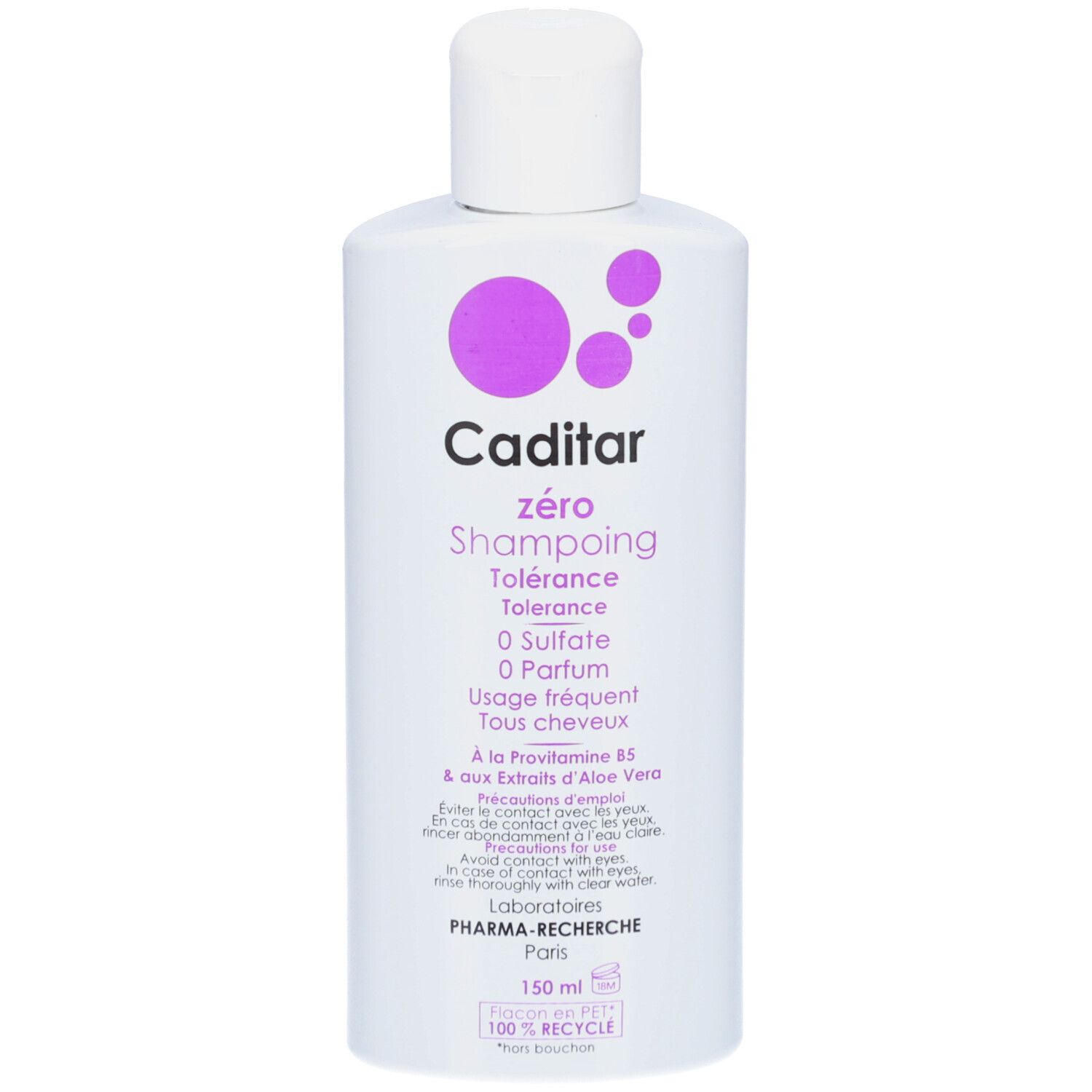 Caditar Zero Shampooing. Flacon blanc avec accents violets. Texte: 0 Sulfate, 0 Parfum. 150 ml. Avec symbole de recyclage.