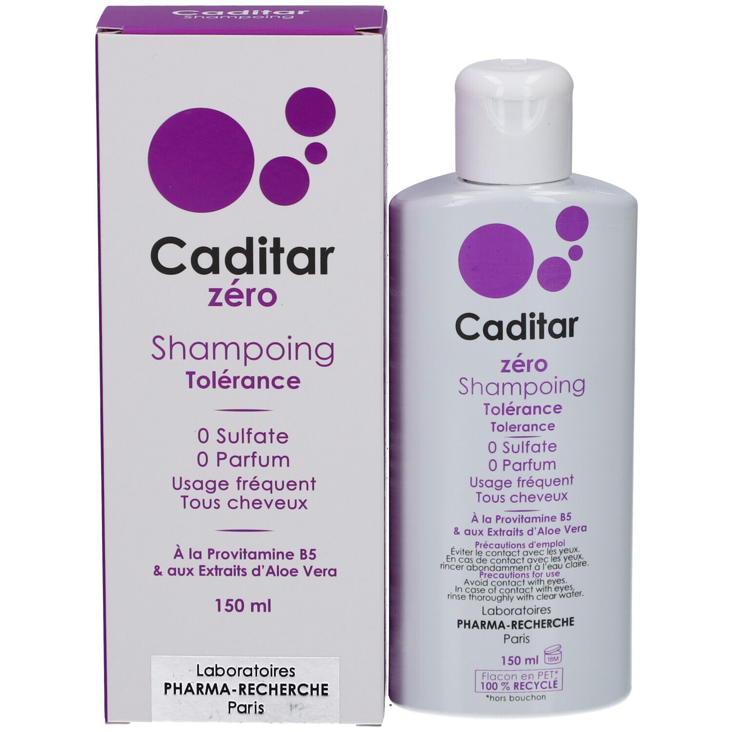 Caditar Zero Shampooing et emballage. Flacon et boîte blancs avec accents violets. Texte: 0 Sulfate, 0 Parfum. 150 ml.