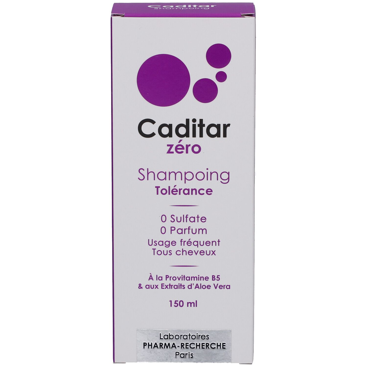 Caditar Zero Shampooing. Emballage blanc et violet. Texte: 0 Sulfate, 0 Parfum. 150 ml. Laboratoires Pharma-Recherche Paris.