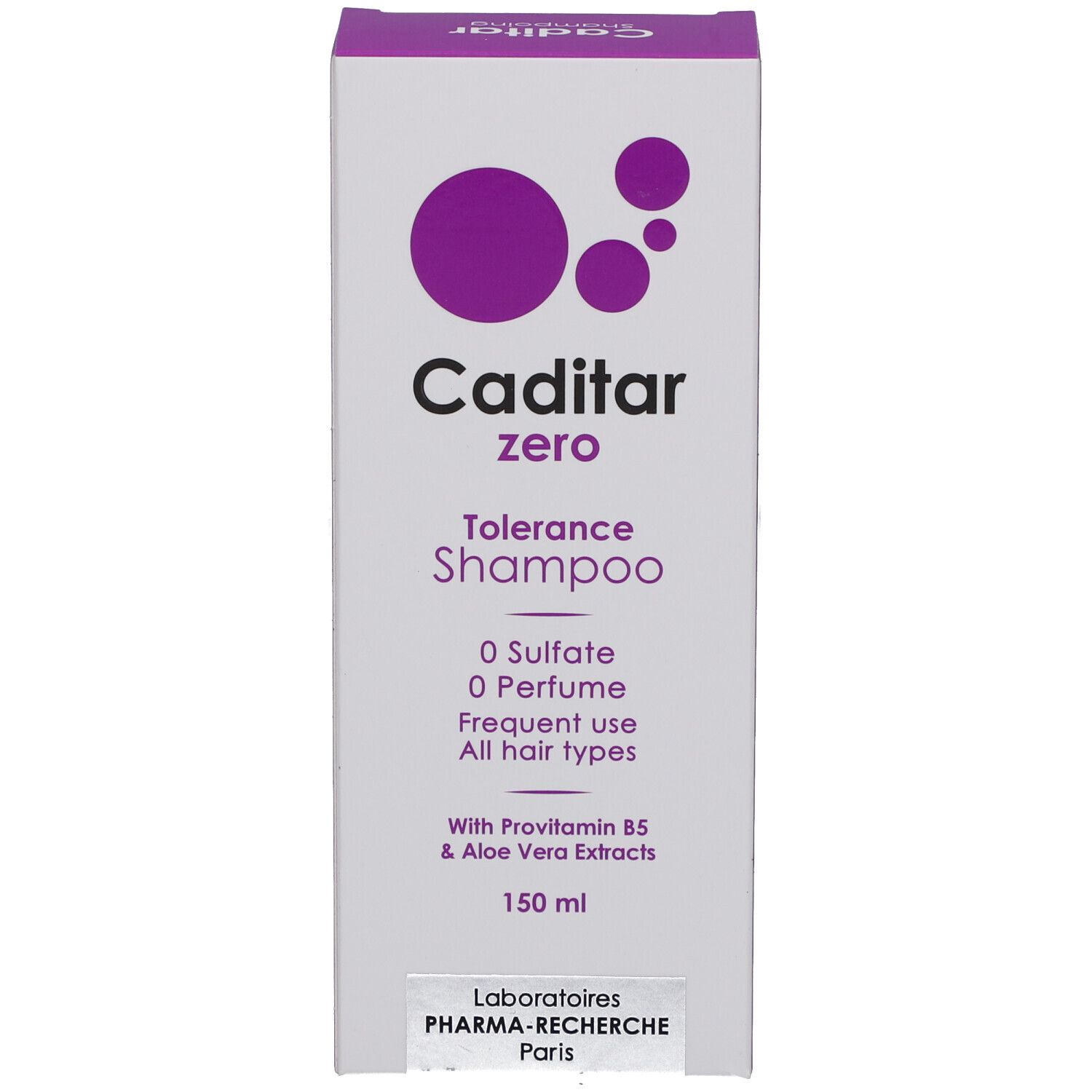Caditar Zero Shampooing. Emballage blanc avec cercles violets. Texte: 0 Sulfate, 0 Parfum. Tous types de cheveux. 150 ml.