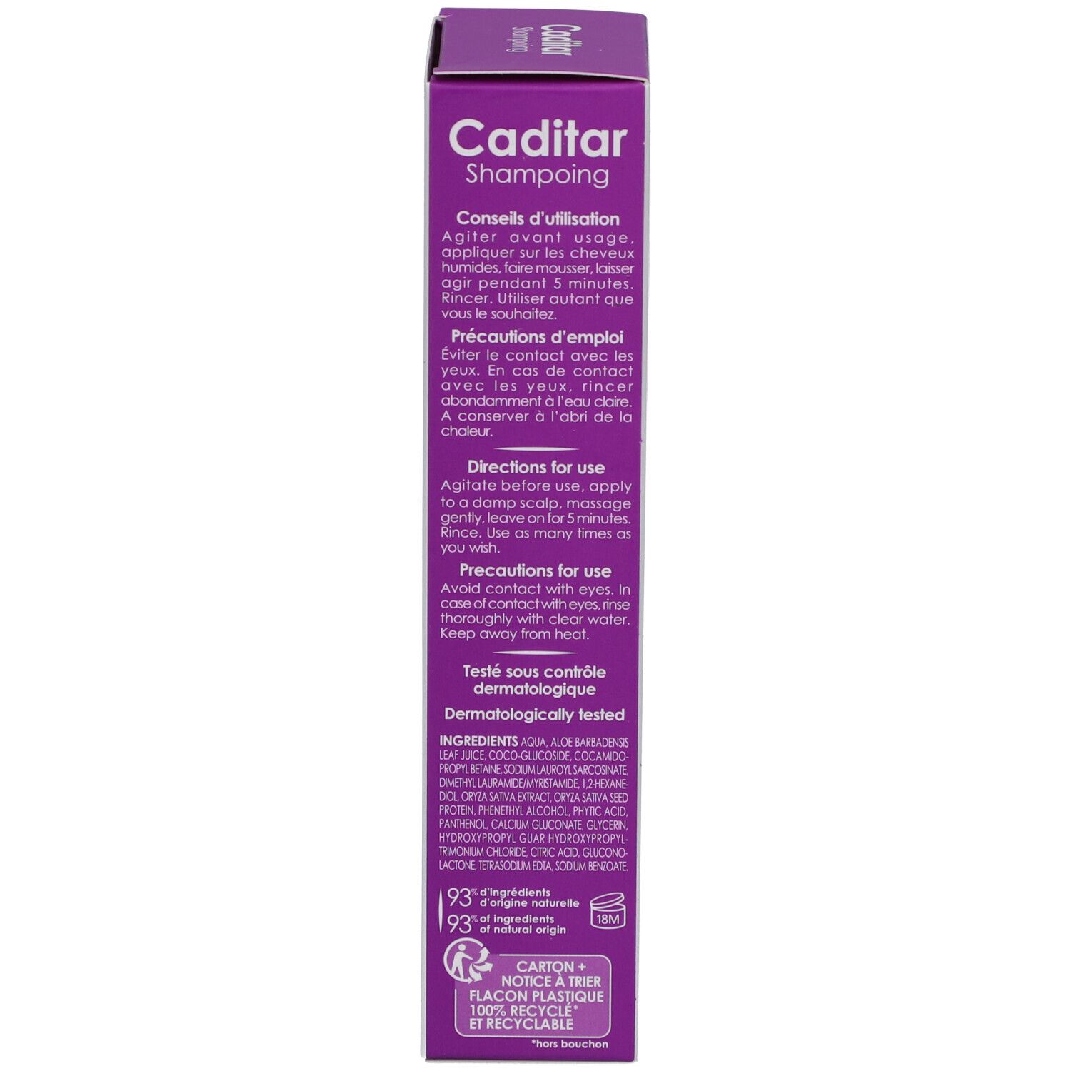 Emballage Caditar Zero Shampooing. Dos avec texte. Ingrédients, mode d'emploi, avertissements. 150 ml.