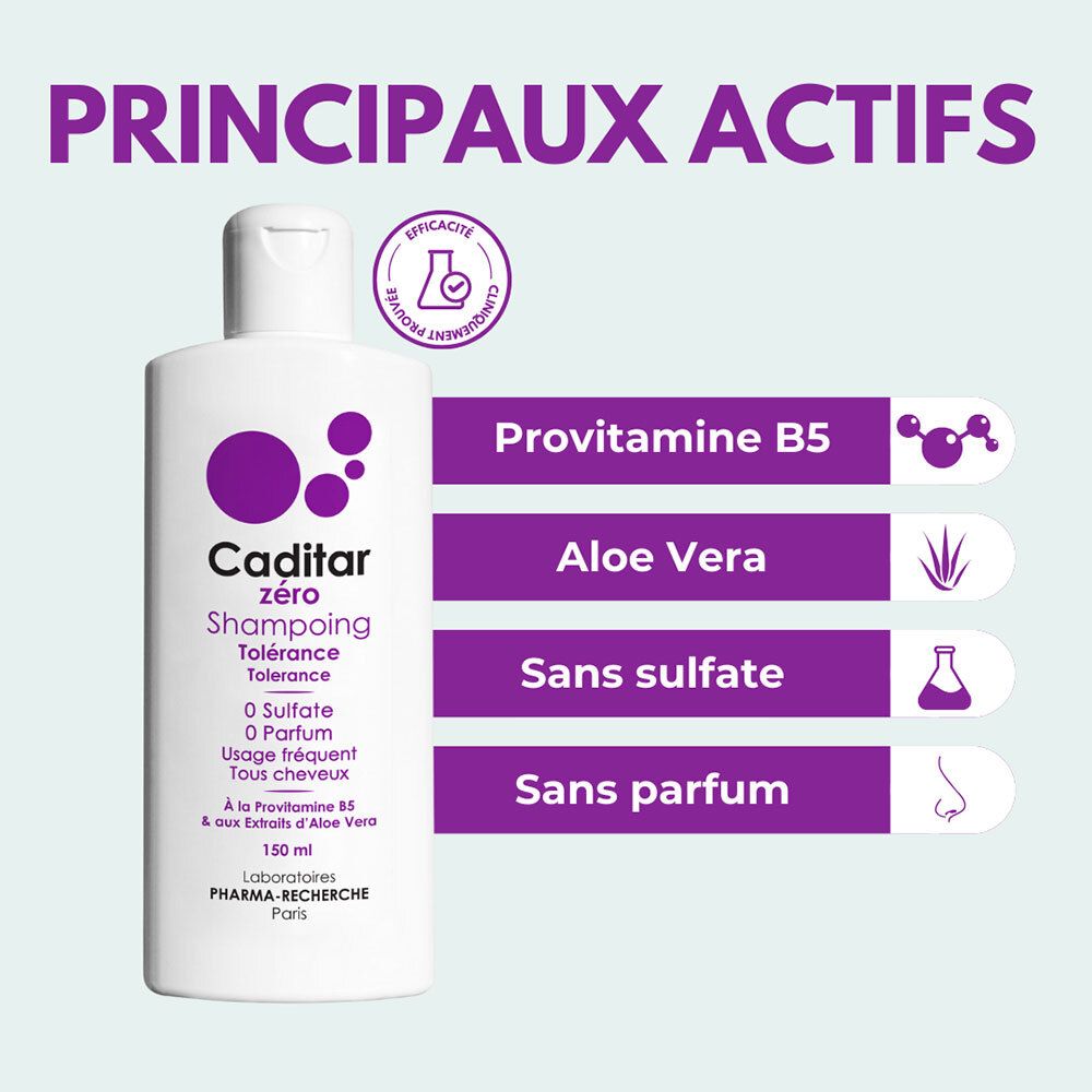 Caditar Zero Shampooing et emballage. Flacon et boîte blancs avec accents violets. Texte: 0 Sulfate, 0 Parfum. 150 ml.