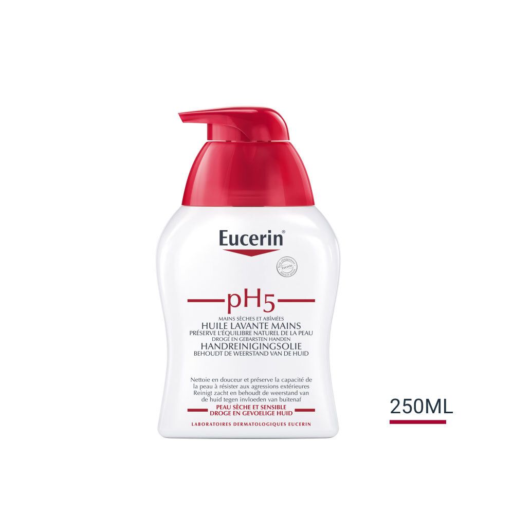 Eucerin pH5 Huile Lavante Mains. Flacon blanc avec pompe rouge. Texte: pH5, Huile Lavante Mains, 250ml.