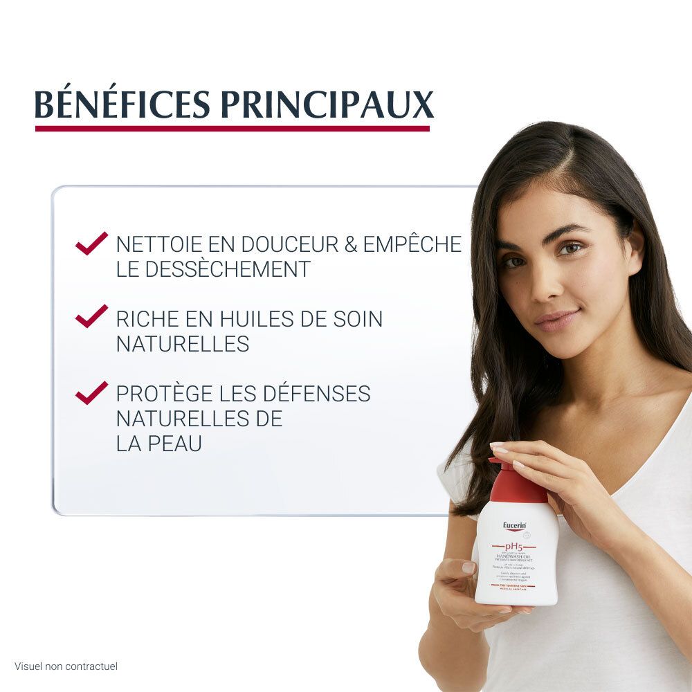 Femme tenant Eucerin pH5. Texte: Nettoie en douceur, riche en huiles, protège la peau.
