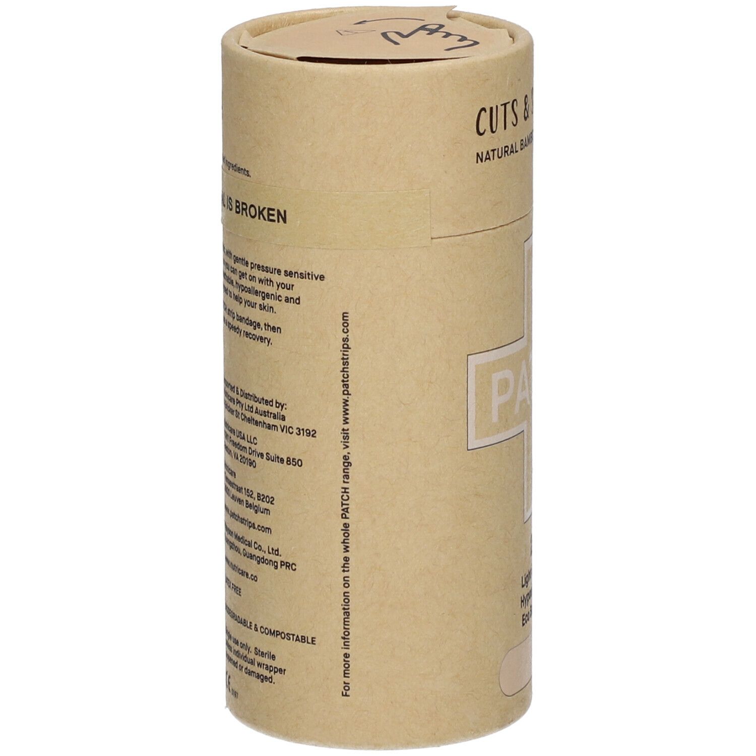 Emballage cylindrique avec texte. Informations sur les pansements. 'PATCH' et 'Cuts & Scratches' visibles.