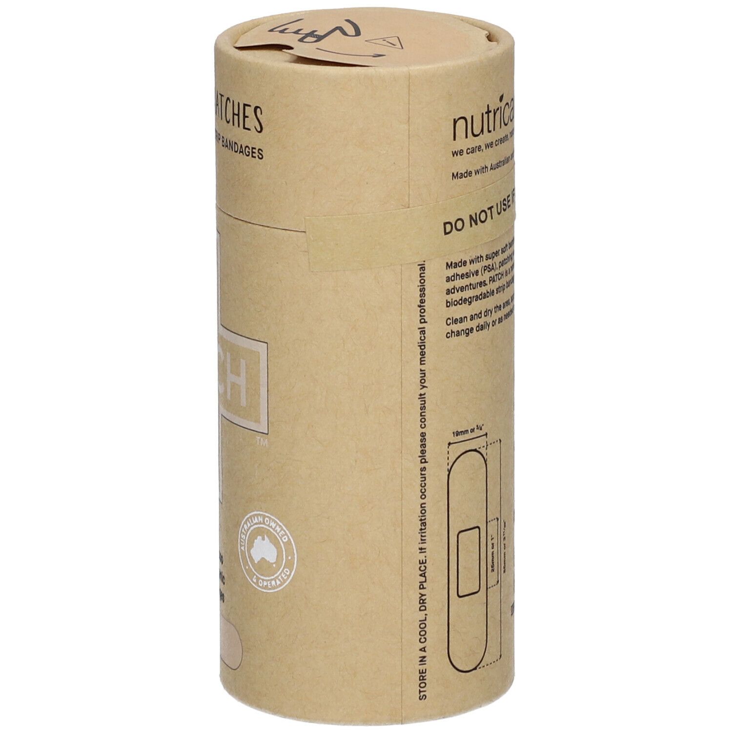 Emballage cylindrique avec texte et schéma d'un pansement. 'nutricare' et 'PATCH' visibles. Informations.