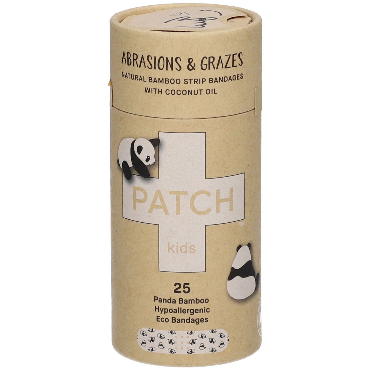 Emballage cylindrique avec motif panda. Inscription : "PATCH kids", "25 Panda Bamboo Eco Bandages".