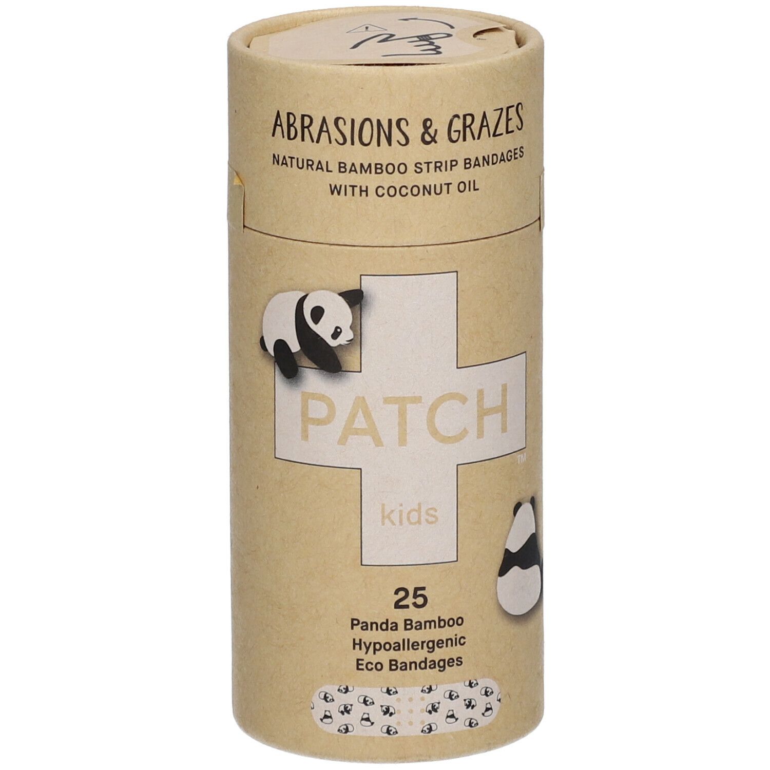 Emballage cylindrique avec motif panda. Inscription : "PATCH kids", "25 Panda Bamboo Eco Bandages".
