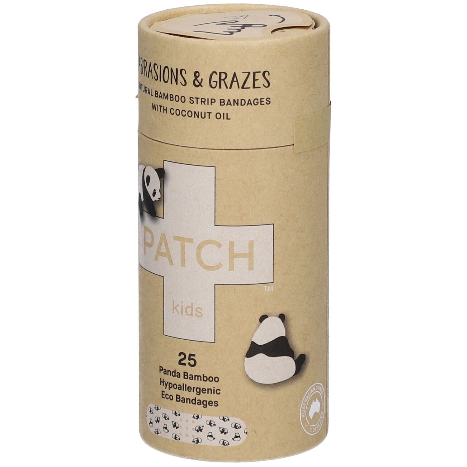 Emballage cylindrique avec motif panda. Inscription : "PATCH kids", "25 Panda Bamboo Eco Bandages".