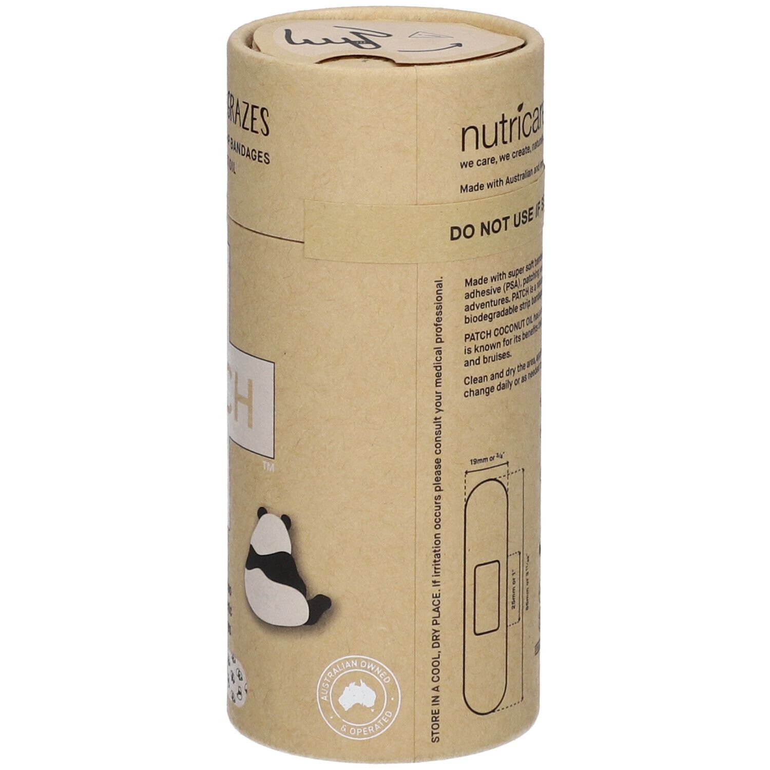 Emballage cylindrique avec texte et motif panda. Contient des informations sur les ingrédients et l'utilisation.