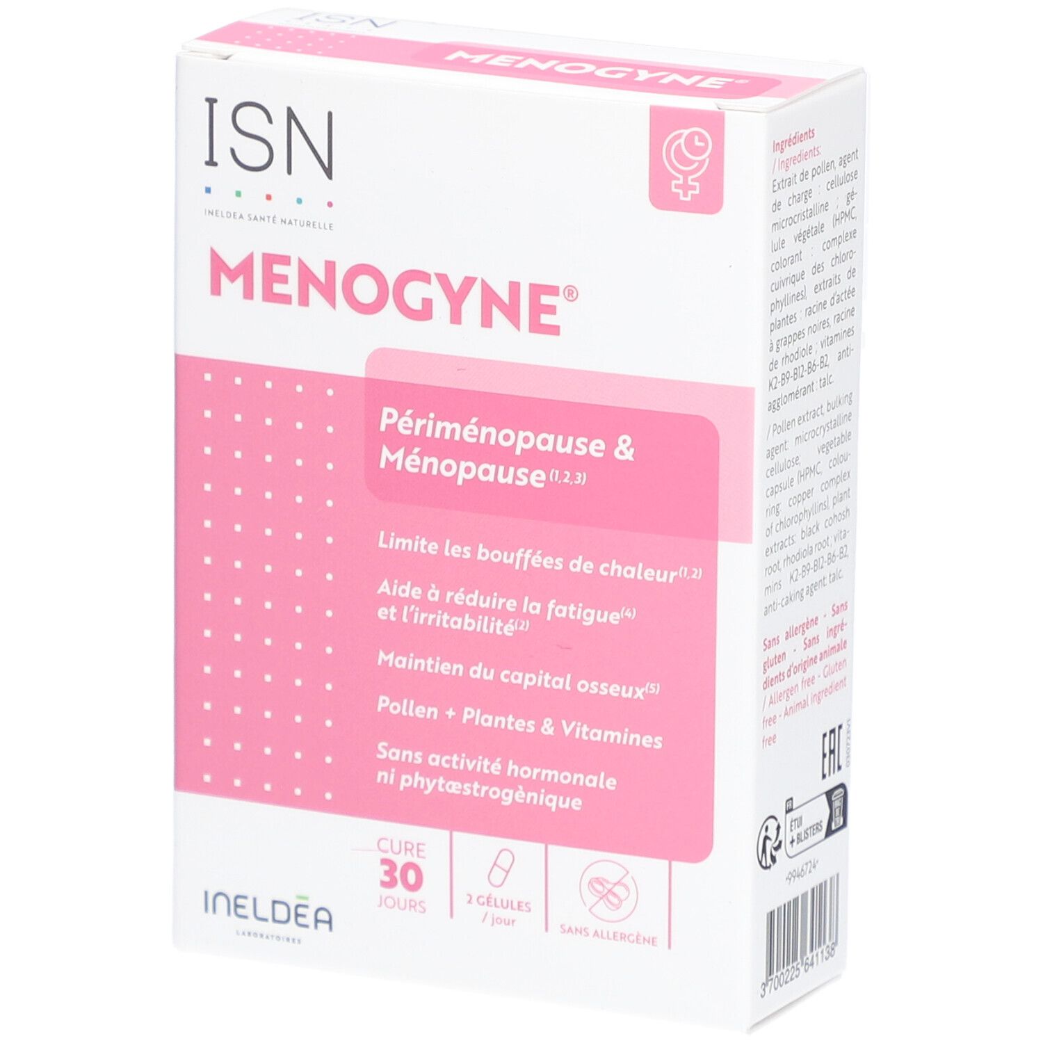 Boîte ISN Menogyne. Périménopause & Ménopause. Limite bouffées de chaleur, fatigue. 30 gélules. Sans allergènes.