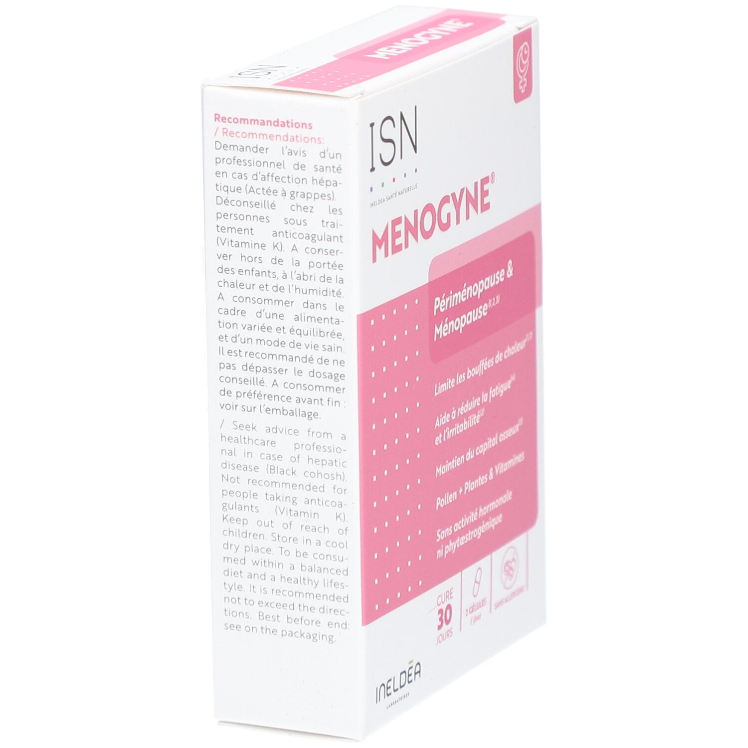 Boîte ISN Menogyne. Périménopause & Ménopause. Texte et recommandations. 30 gélules. Sans allergènes.