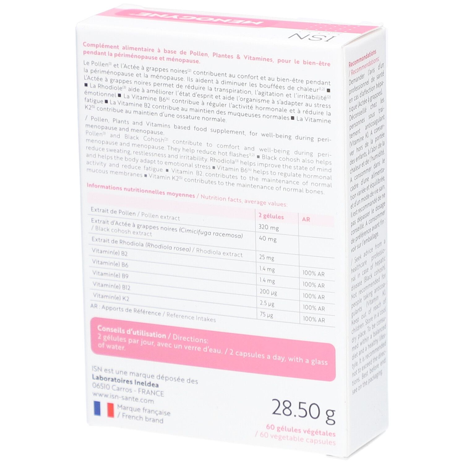 Dos de la boîte ISN Menogyne. Ingrédients, informations nutritionnelles. 28,50 g. 60 gélules.