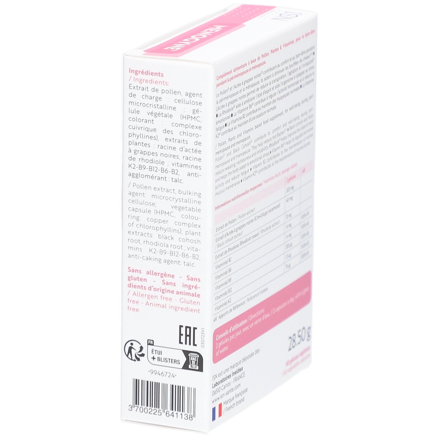 Côté de la boîte ISN Menogyne. Ingrédients, allergènes. 28,50 g. 60 gélules.