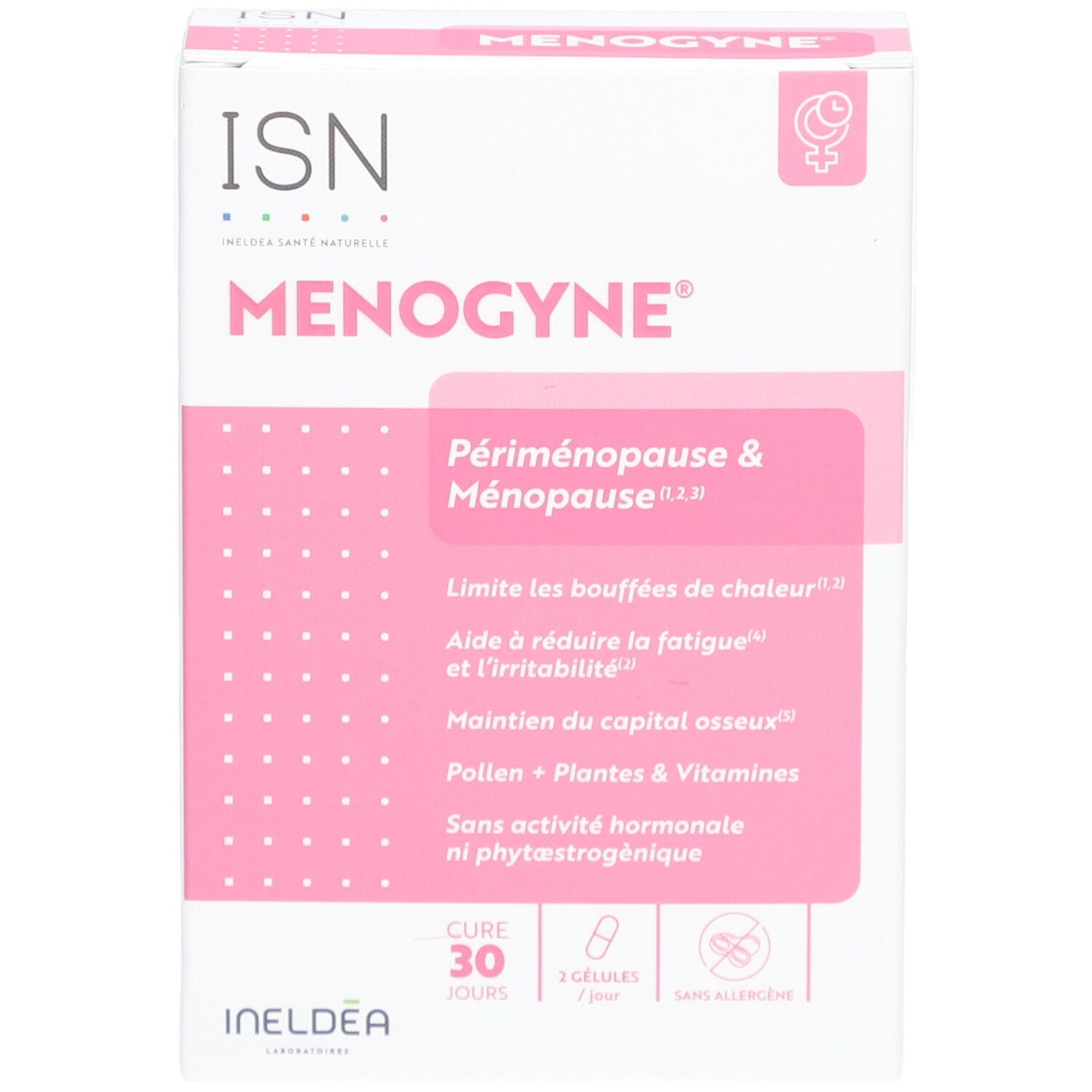 Boîte ISN Menogyne. Périménopause & Ménopause. Limite bouffées de chaleur, fatigue. 30 gélules. Sans allergènes.
