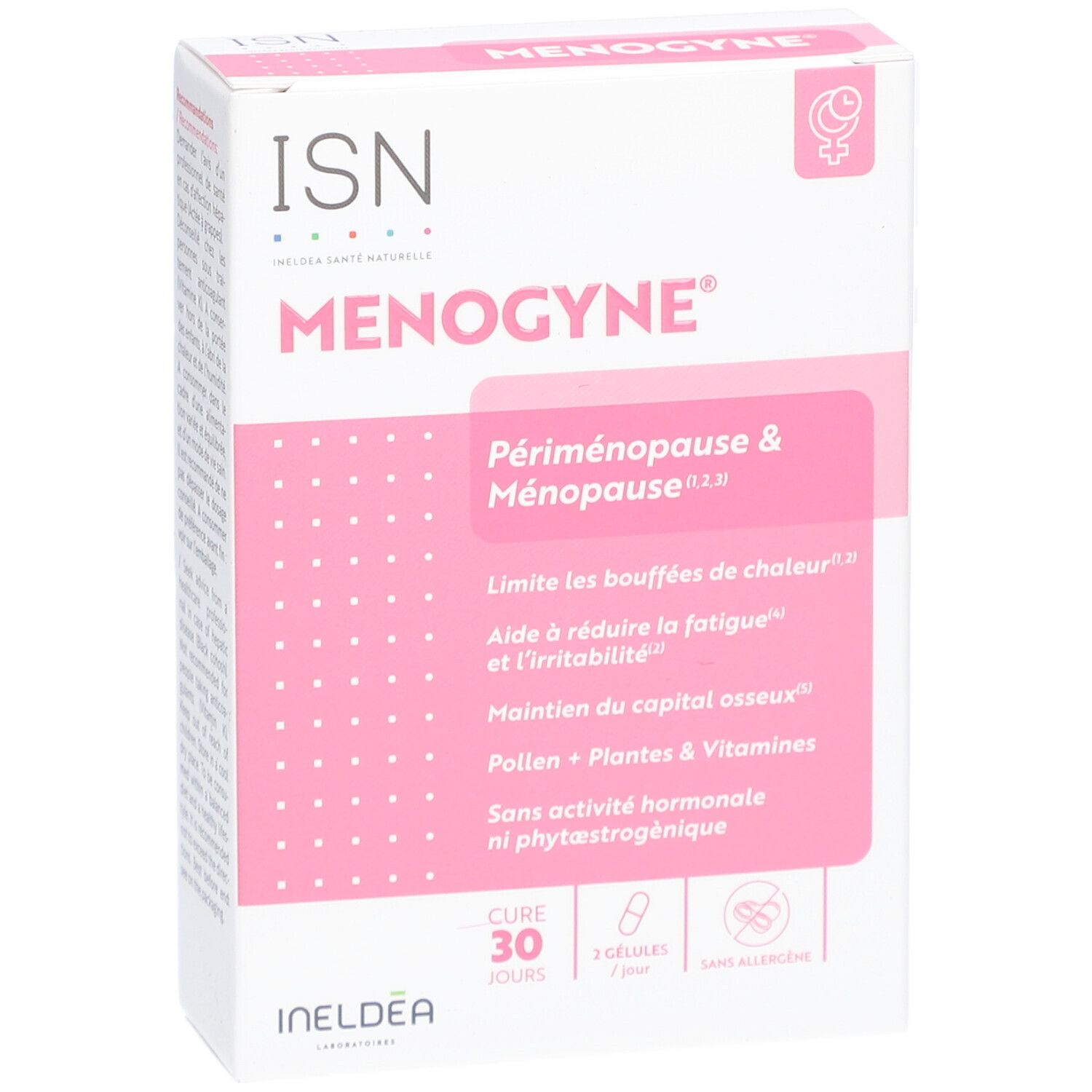 Boîte ISN Menogyne. Périménopause & Ménopause. Limite bouffées de chaleur, fatigue. 30 gélules. Sans allergènes.