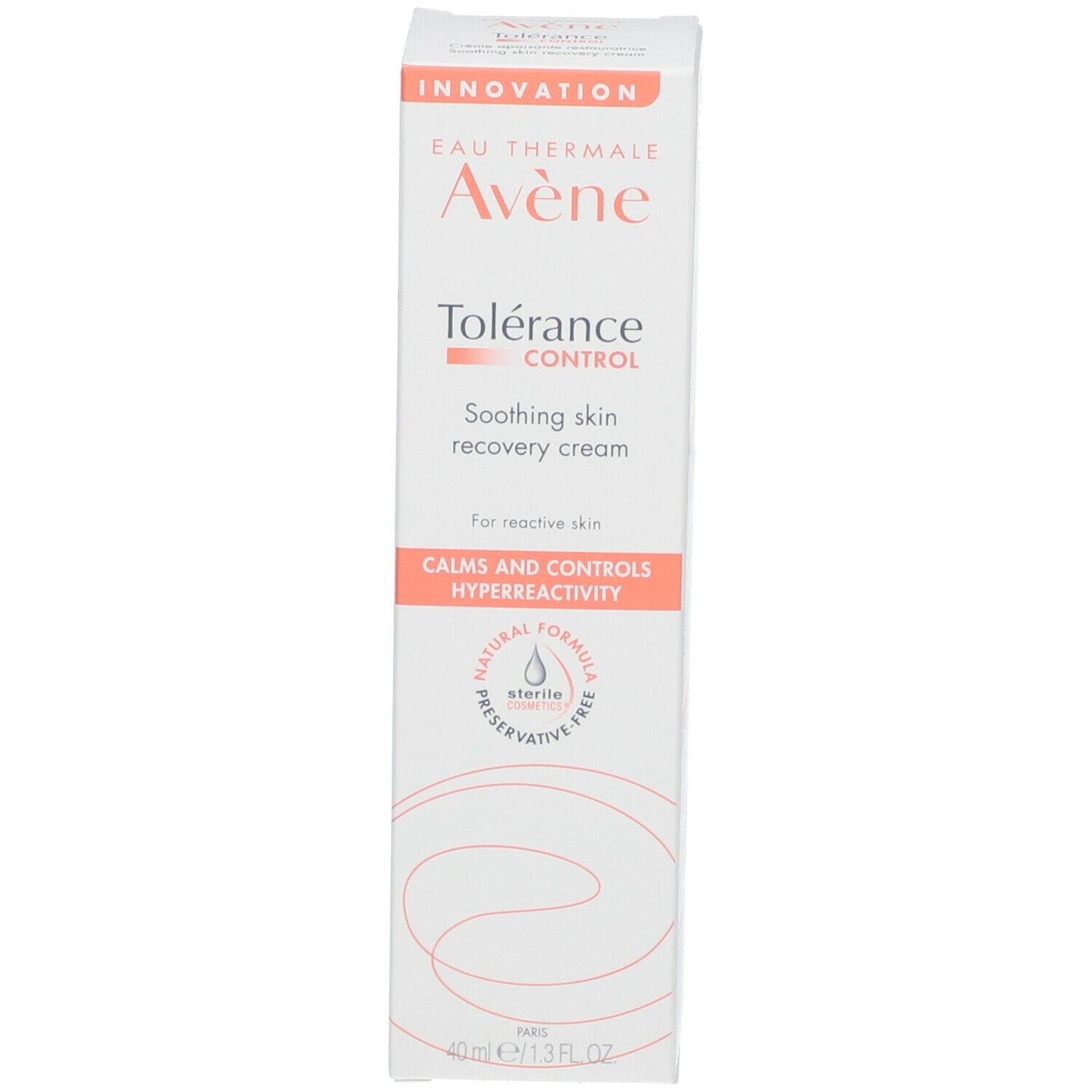 Emballage carton. Nom du produit "Avène Tolérance CONTROL" et logo. Couleurs rouge et blanc.