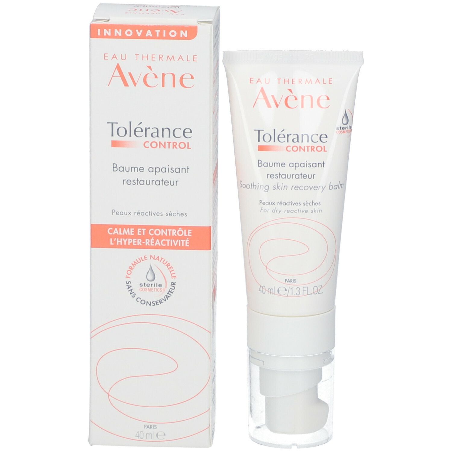 Emballage carton et tube. Nom et logo du produit. 40ml. Cosmétique stérile. Accents orange.