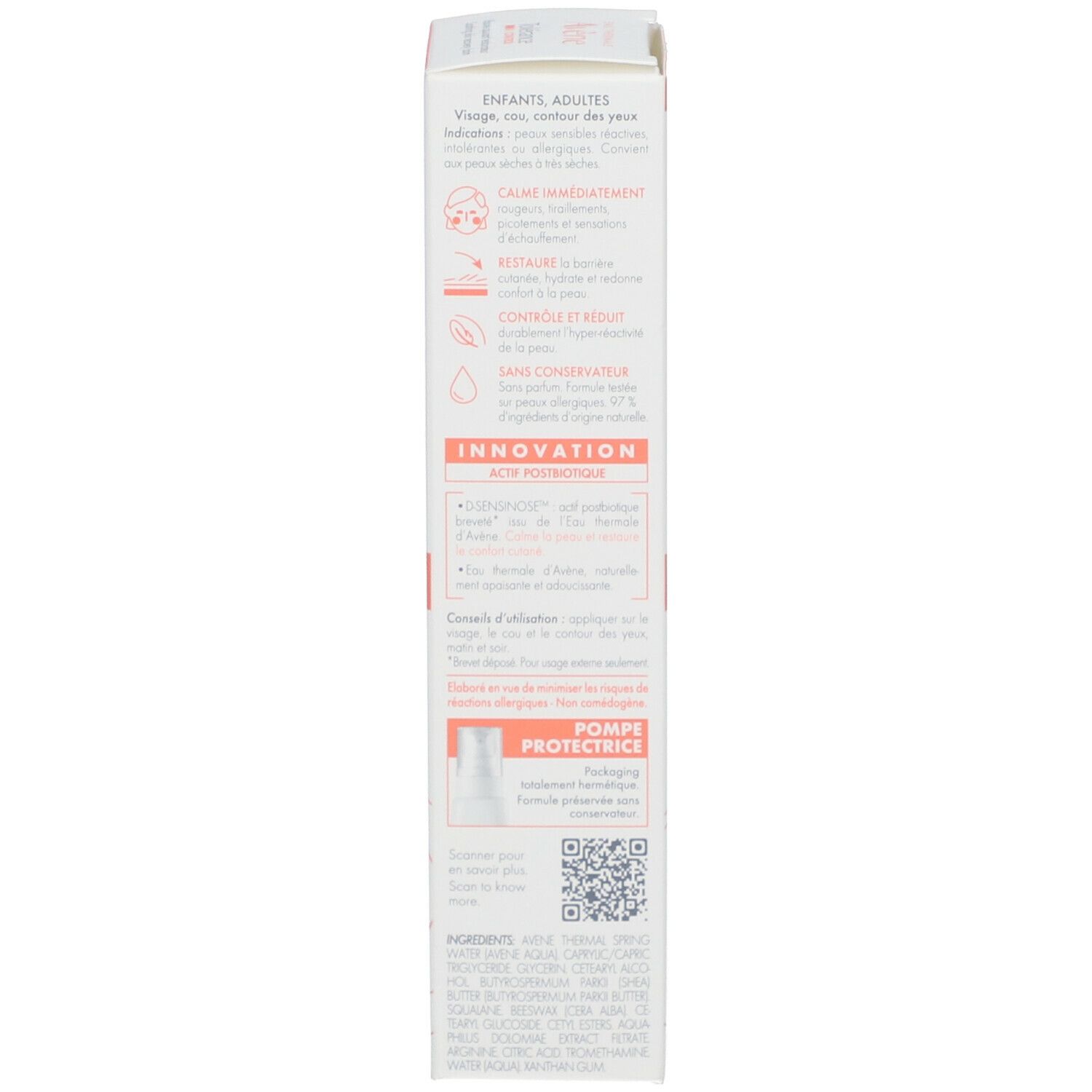 Emballage carton. Texte et illustrations. Accents orange. Code QR.