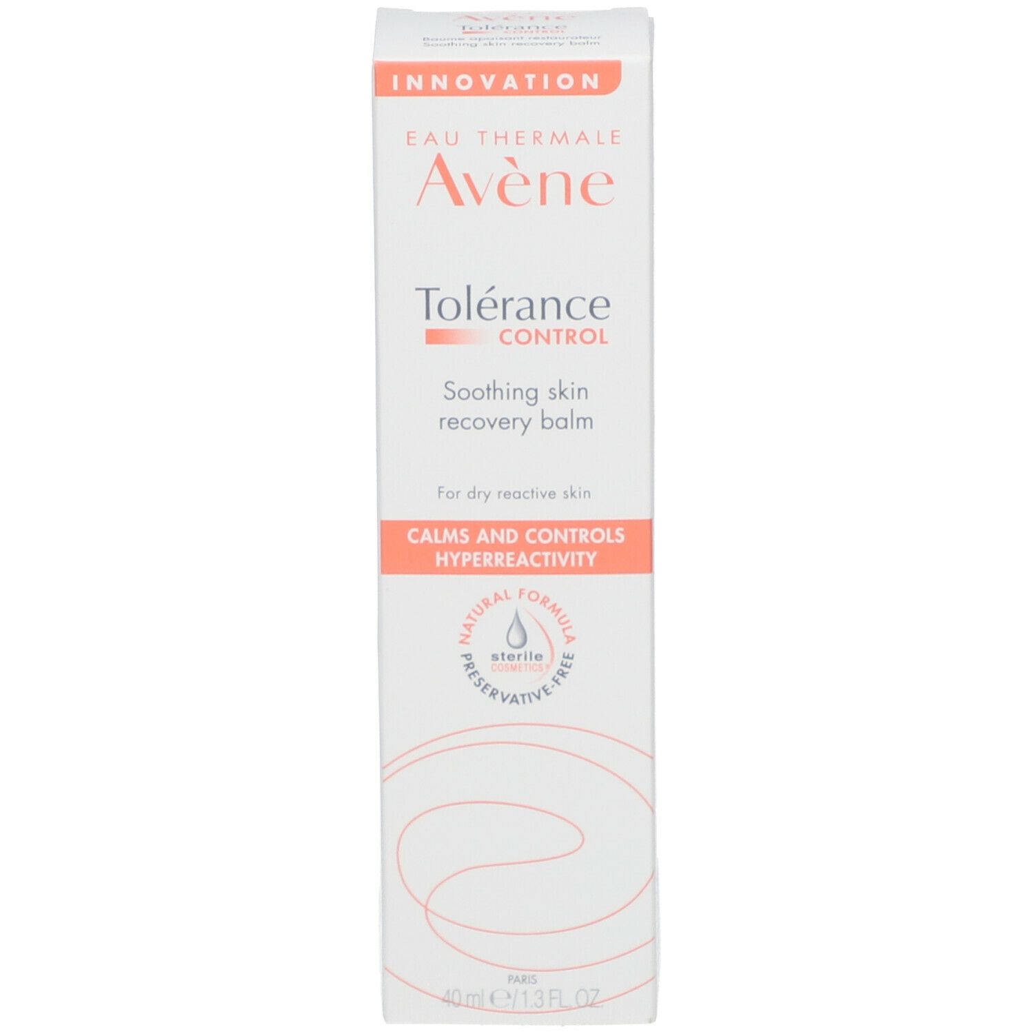 Emballage carton. Nom et logo du produit. 40ml. Cosmétique stérile. Accents orange.