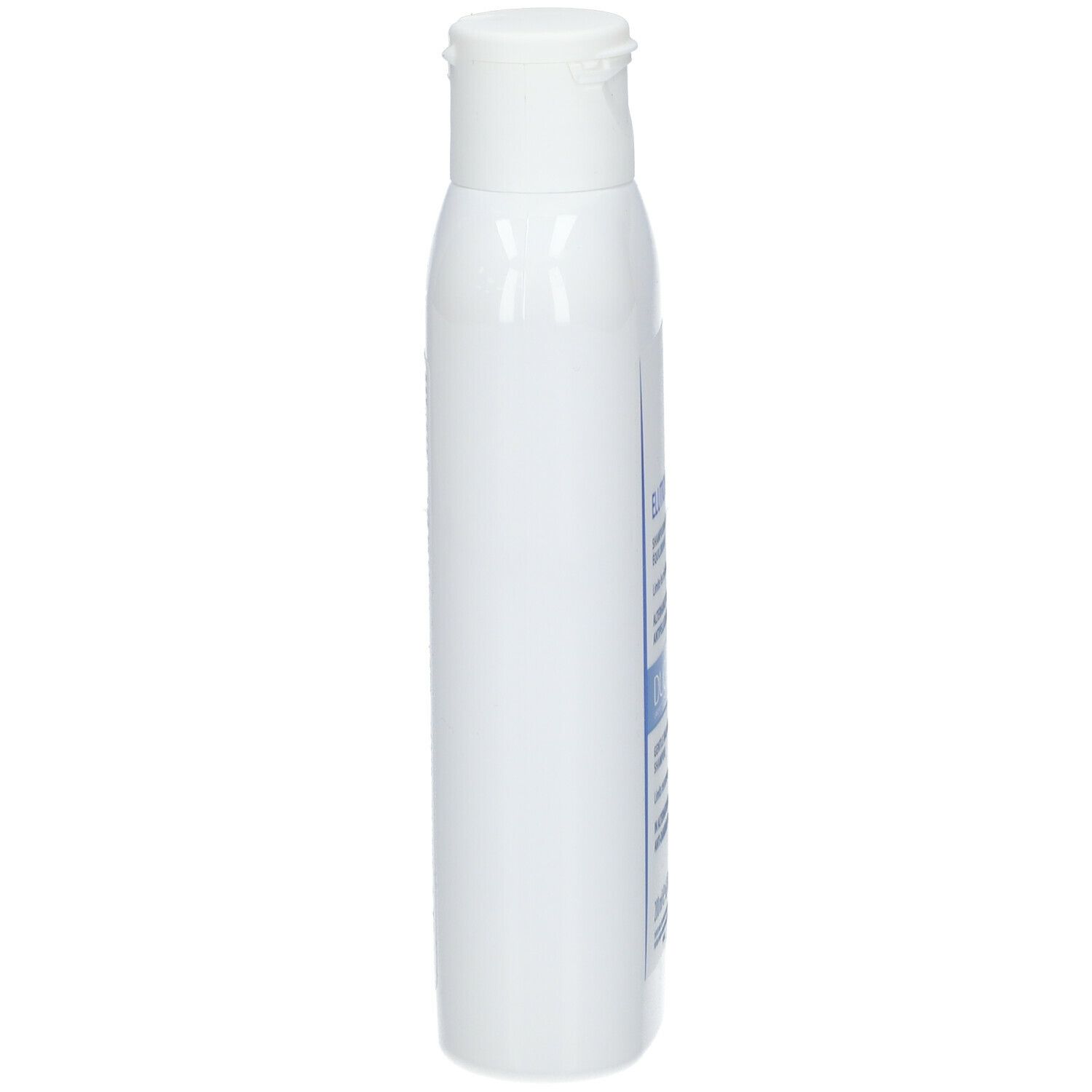 Flacon de shampooing blanc avec bouchon rabattable. Vue latérale. Étiquettes bleues avec texte. Nom du produit non visible.