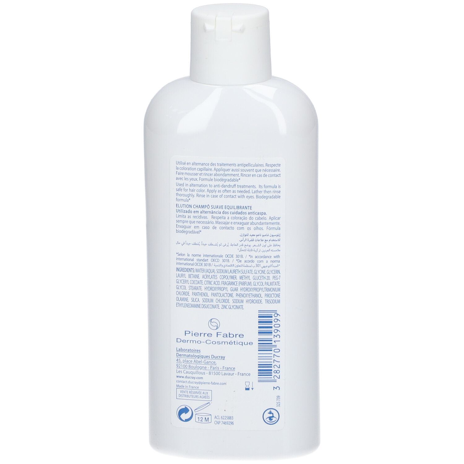 Dos d'un flacon de shampooing blanc. Texte en plusieurs langues. Logo du fabricant et code-barres.