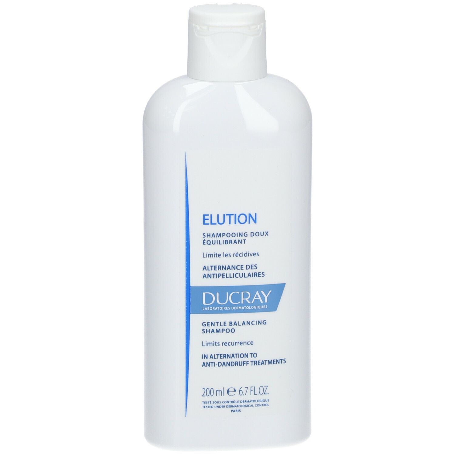 Flacon de shampooing blanc avec étiquette bleue. Nom du produit et indication de volume : 200 ml.