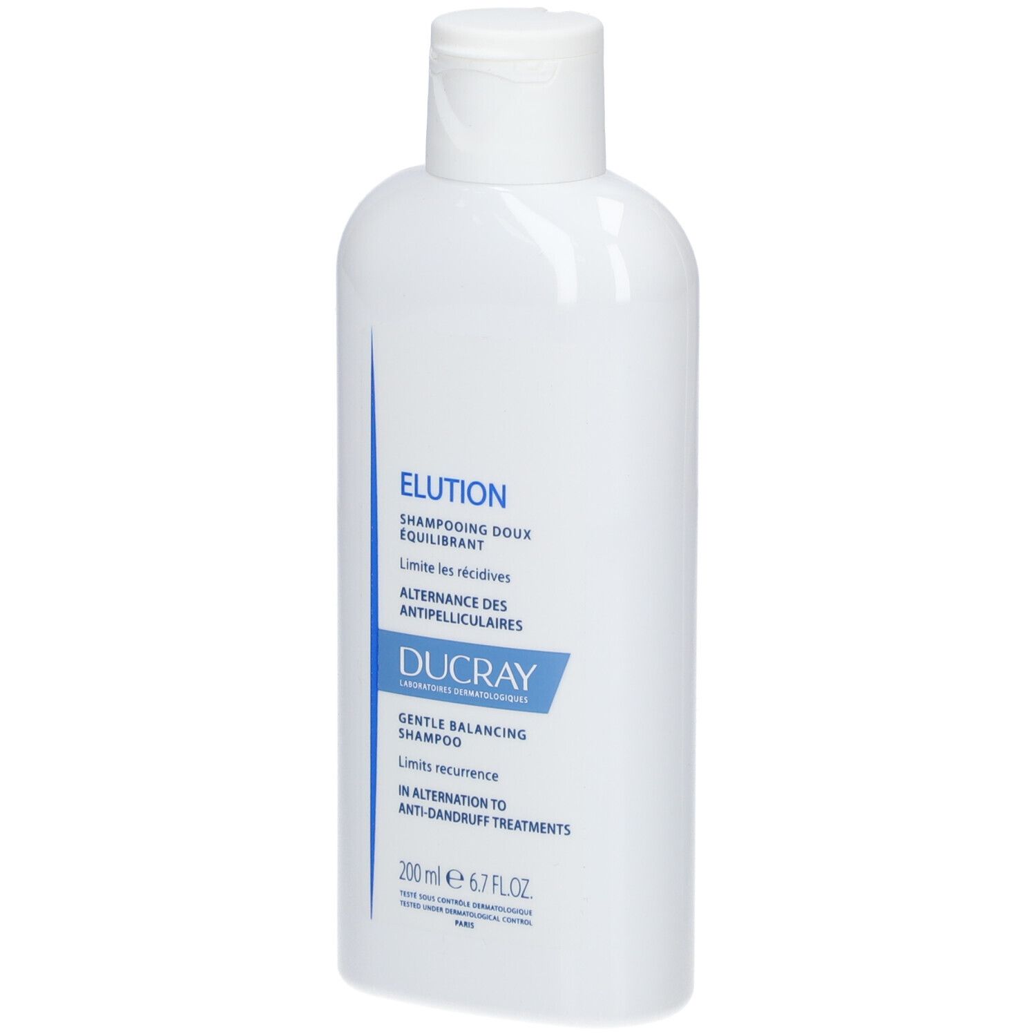 Flacon de shampooing blanc avec étiquette bleue. Nom du produit et indication de volume : 200 ml.