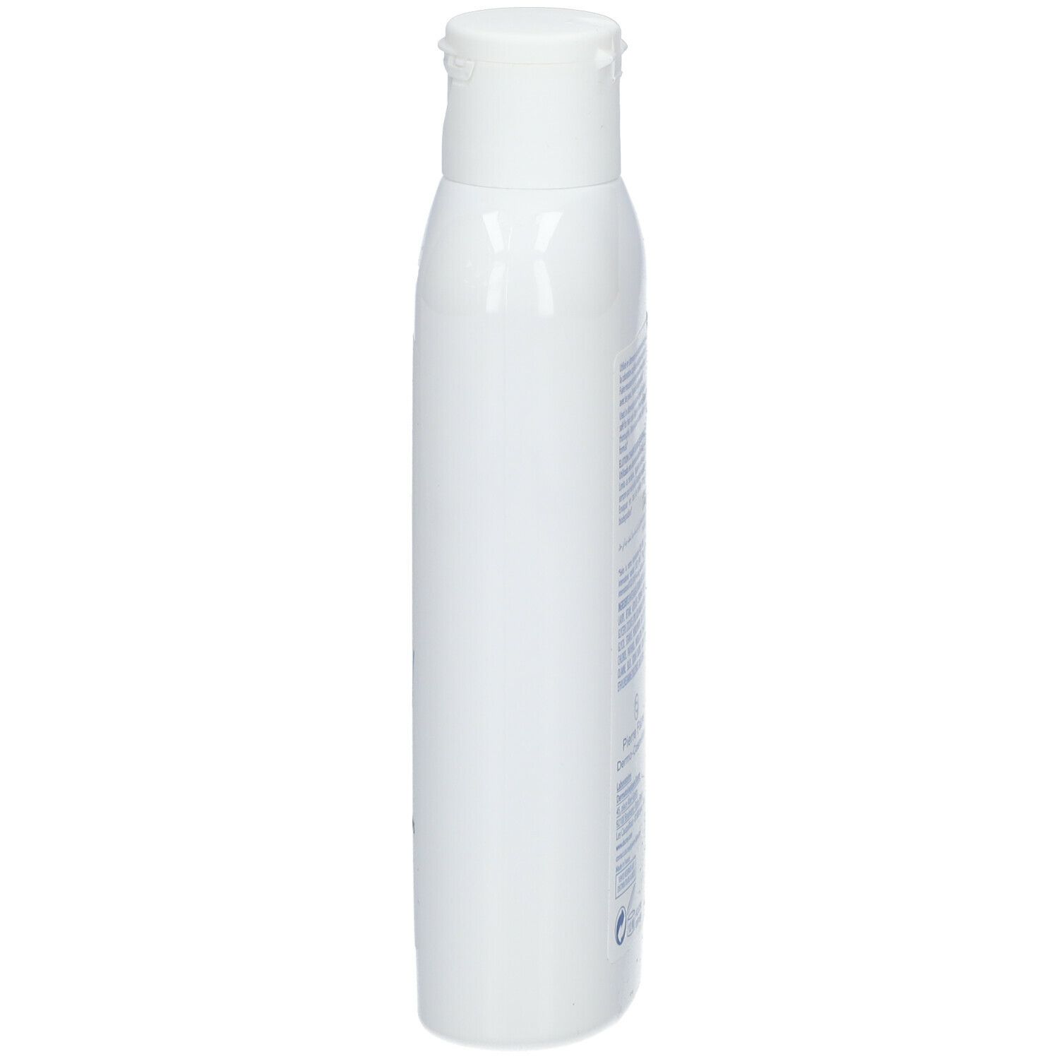 Flacon de shampooing blanc avec bouchon rabattable. Vue latérale. Étiquettes bleues avec texte. Nom du produit non visible.