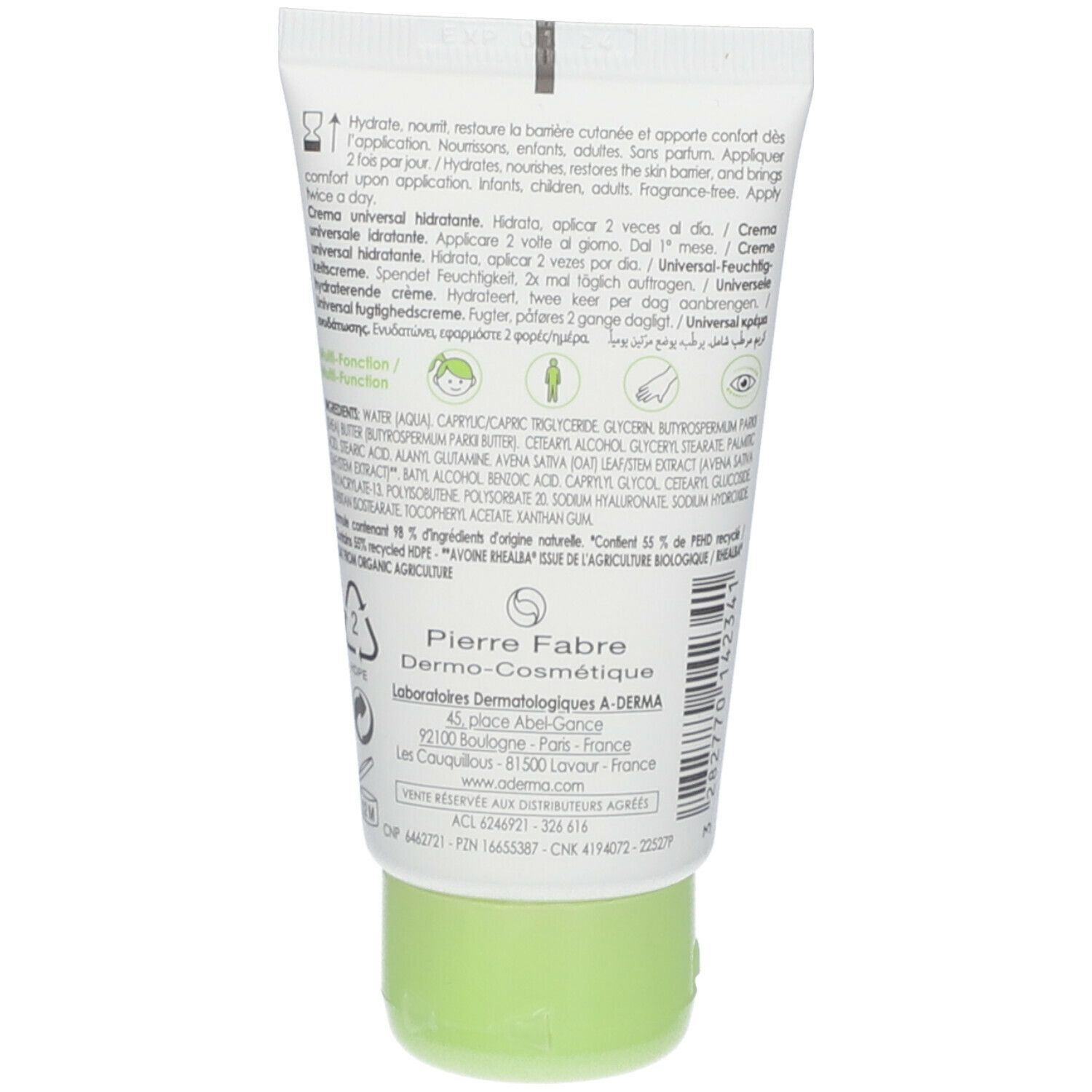 Dos du tube. Texte multilingue. Fabricant : Pierre Fabre Dermo-Cosmétique. Logo de recyclage.