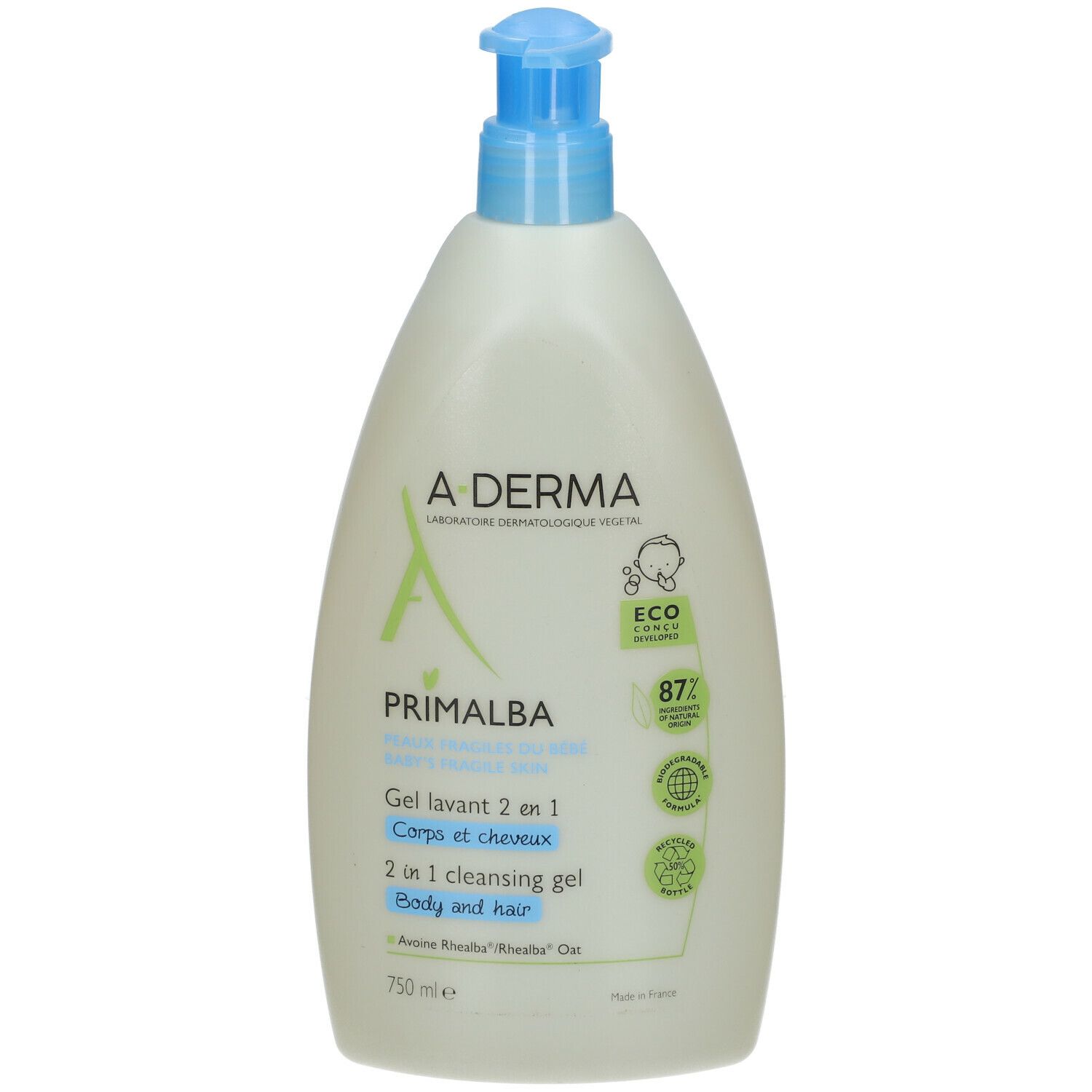 Flacon A-DERMA PRIMALBA Baby Gel Lavant 2 en 1, 750 ml, avec pompe bleue. Gel lavant 2 en 1.