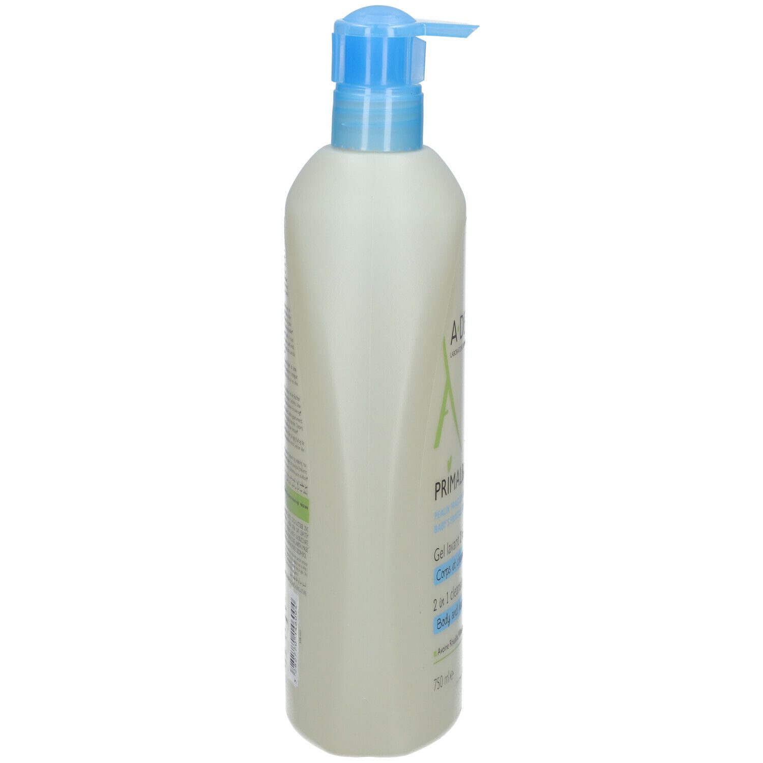 A-DERMA PRIMALBA Baby Gel Lavant 2 en 1. Vue latérale du flacon avec pompe.