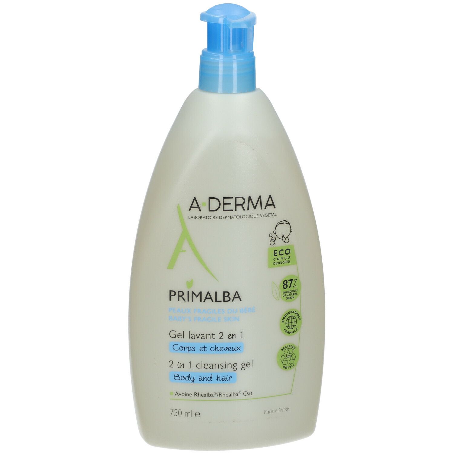 A-DERMA PRIMALBA Baby Gel Lavant 2 en 1. Vue de face du flacon avec pompe.