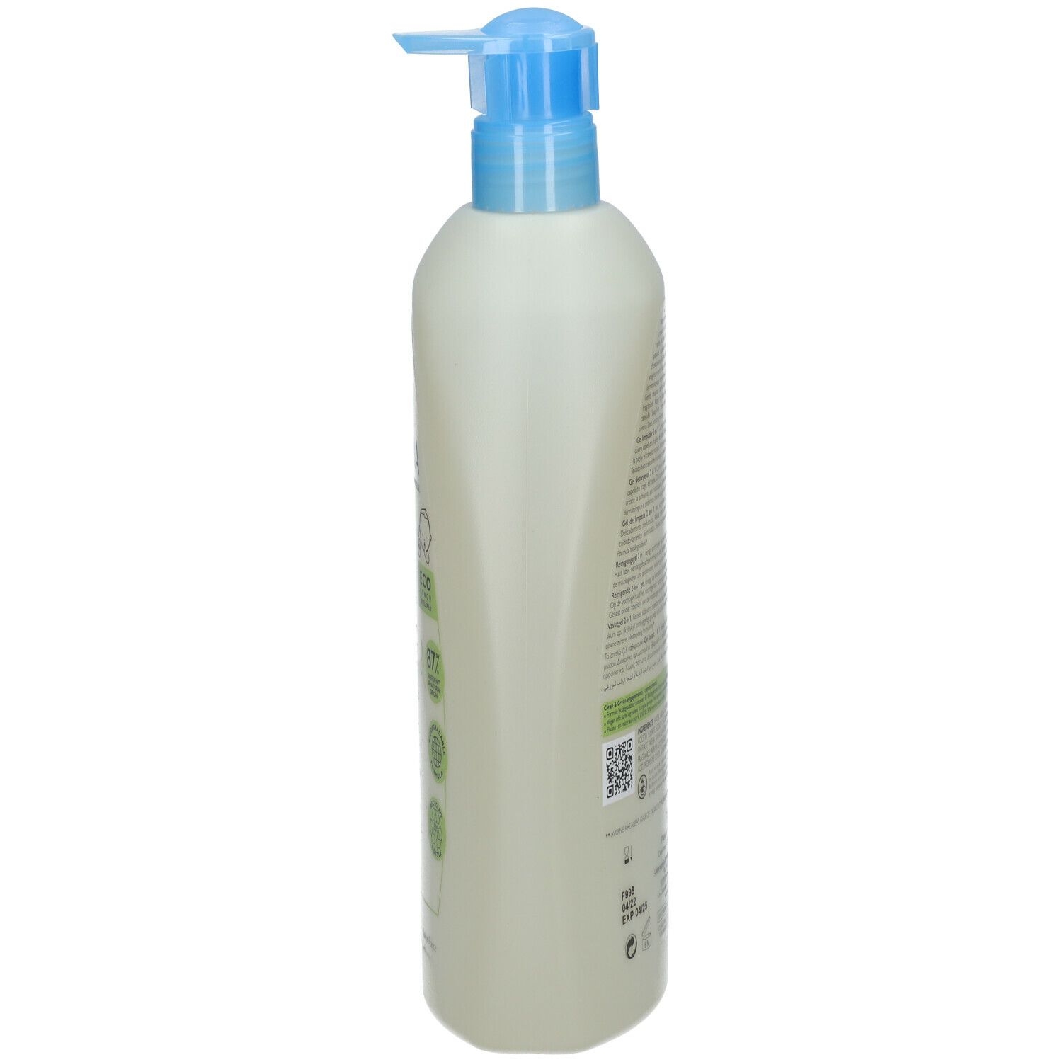 A-DERMA PRIMALBA Baby Gel Lavant 2 en 1. Vue latérale du flacon avec pompe.