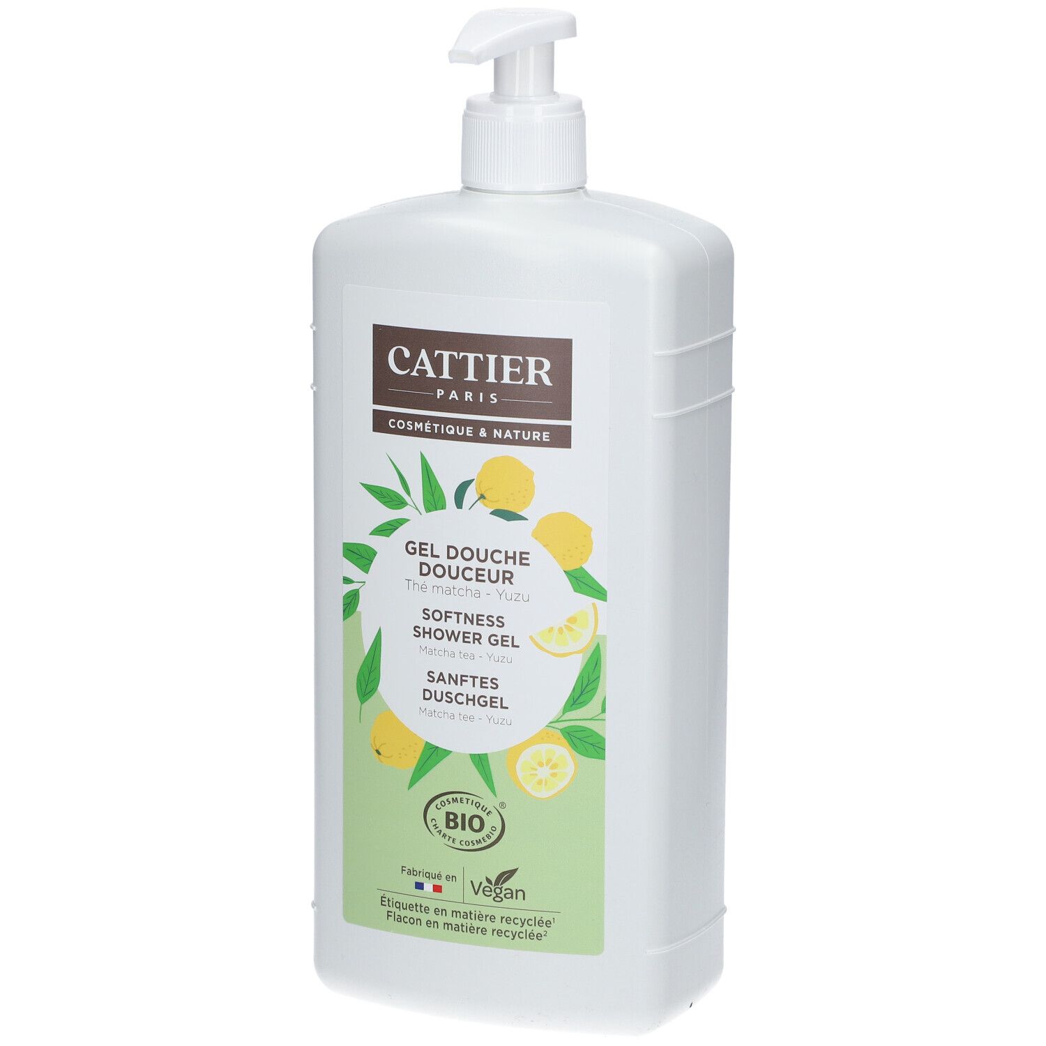 Flacon blanc avec pompe. Étiquette avec nom du produit, illustrations de citrons et label bio. Texte: CATTIER, Gel Douche Douceur, Softness Shower Gel.