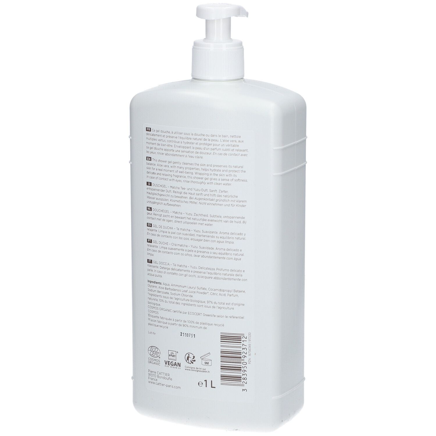 Flacon blanc avec pompe. Dos avec texte multilingue. Label Vegan et certification bio. Volume: 1L.