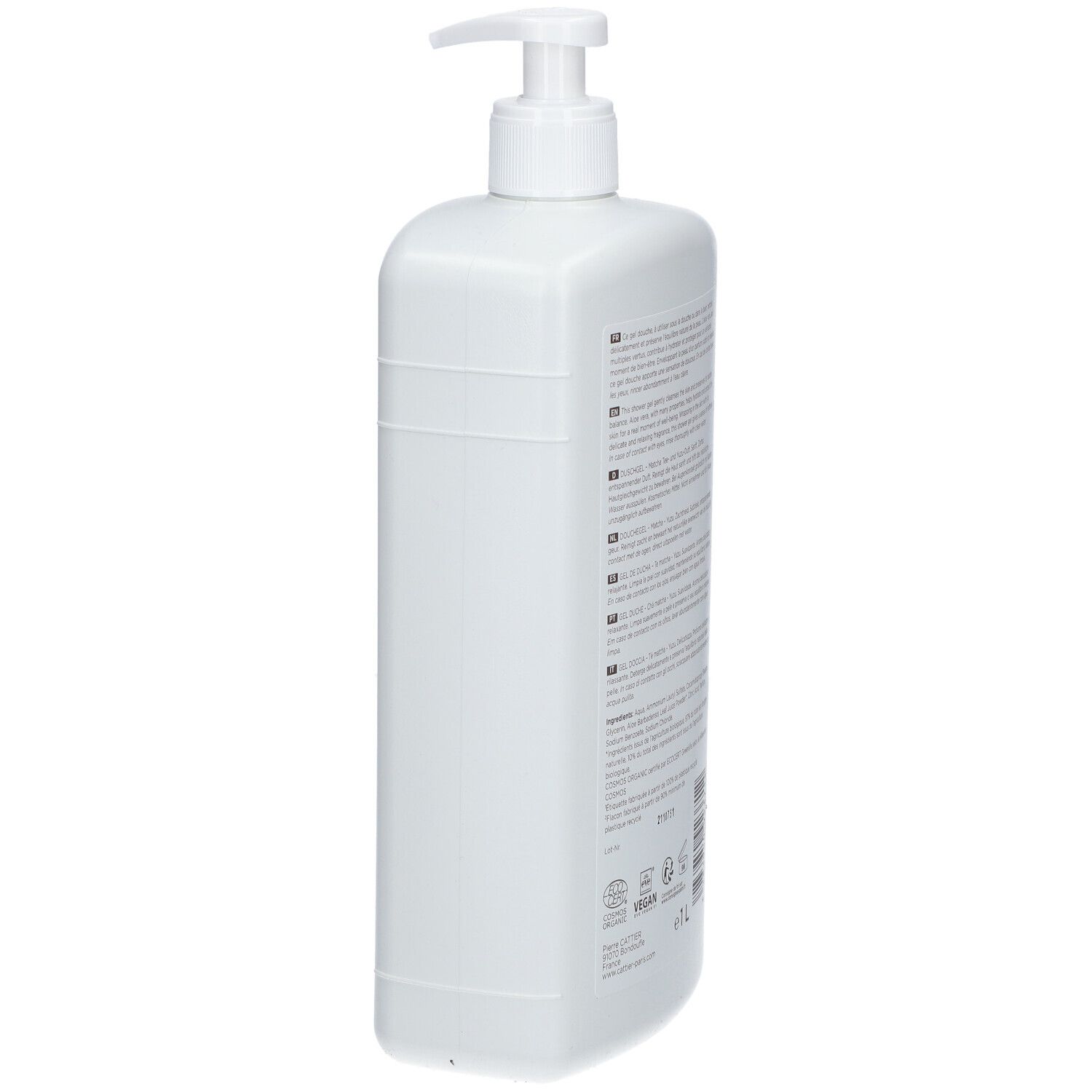 Flacon blanc avec pompe. Vue arrière avec texte multilingue. Label Vegan et certification bio. Volume: 1L.
