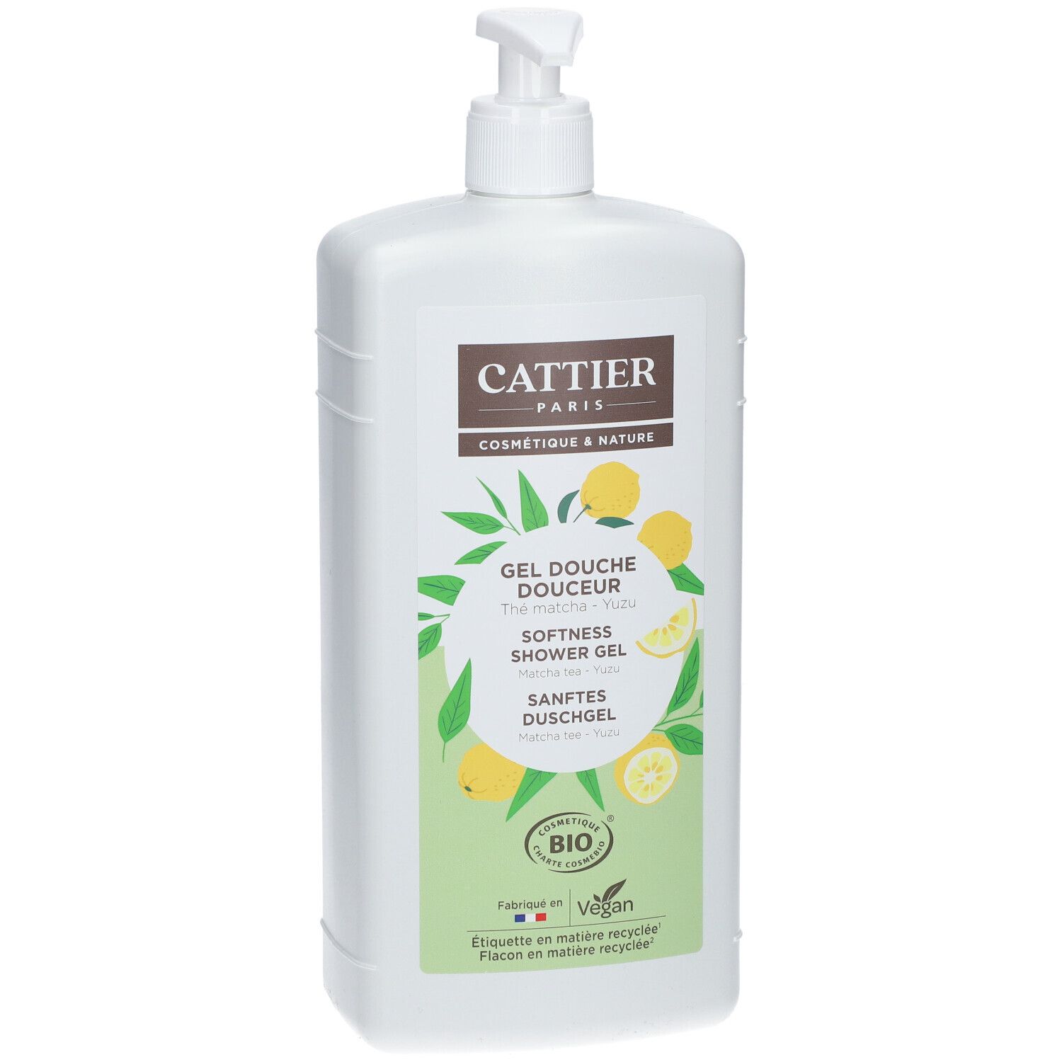 Flacon blanc avec pompe. Étiquette avec nom du produit, illustrations de citrons et label bio. Texte: CATTIER, Gel Douche Douceur, Softness Shower Gel.