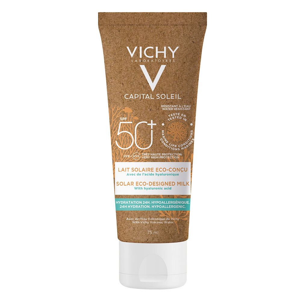 Tube de lait solaire VICHY Capital Soleil SPF50+. Tube marron avec bouchon blanc. Texte: Lait solaire eco-conçu, Solar eco-designed milk.