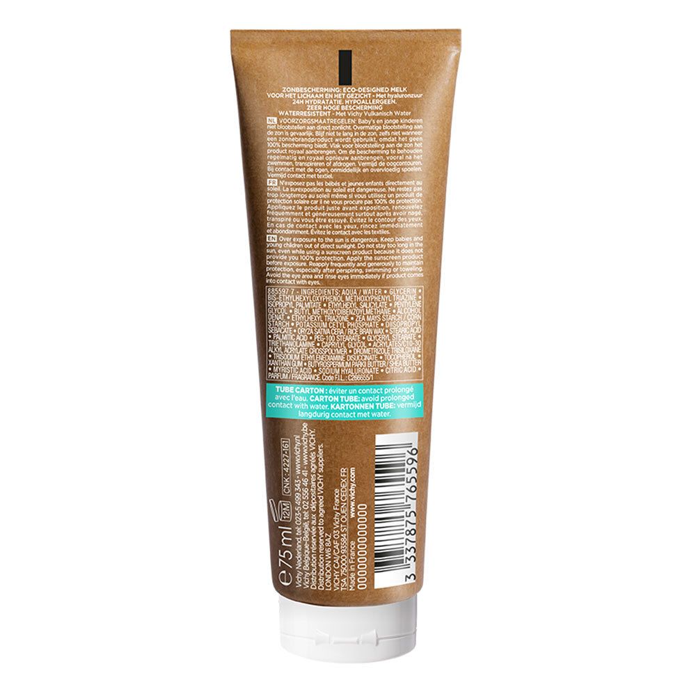 Dos du tube de lait solaire. Texte multilingue. Tube marron avec bouchon blanc. 75 ml.