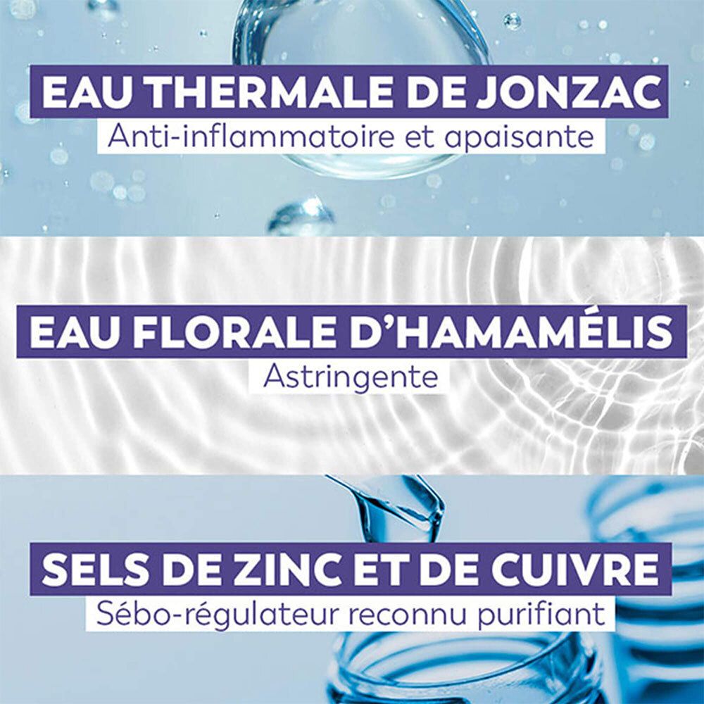 Gros plan sur des gouttes d'eau. Texte: Eau Thermale de Jonzac, Eau florale d'hamamélis, Sels de zinc et de cuivre.
